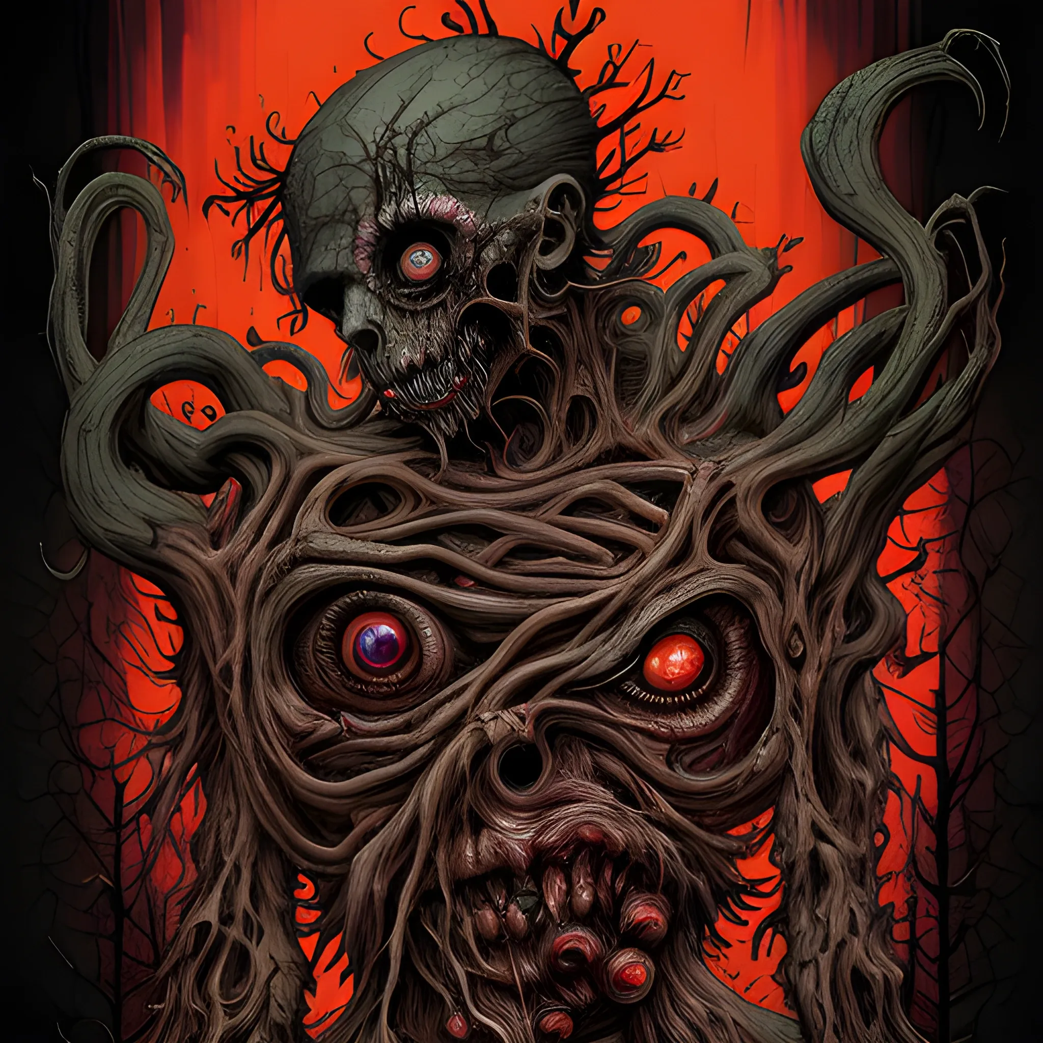 Create a graphic illustration inspired by Abominable Putridity, showcasing a grotesque and surreal scene. Feature a monstrous figure composed of dismembered body parts, entwined with dark, organic textures. The background should be a nightmarish landscape filled with twisted trees and ominous clouds, all in a color palette of sickly greens, deep purples, and dark browns. Incorporate elements like dripping gore, anatomical details, and abstract shapes to create a chaotic and disturbing atmosphere. The overall aesthetic should evoke the intensity and brutality of death metal music. comic book cover, retro ephemera style, Frederick Morgan, playful colors, bold colors,