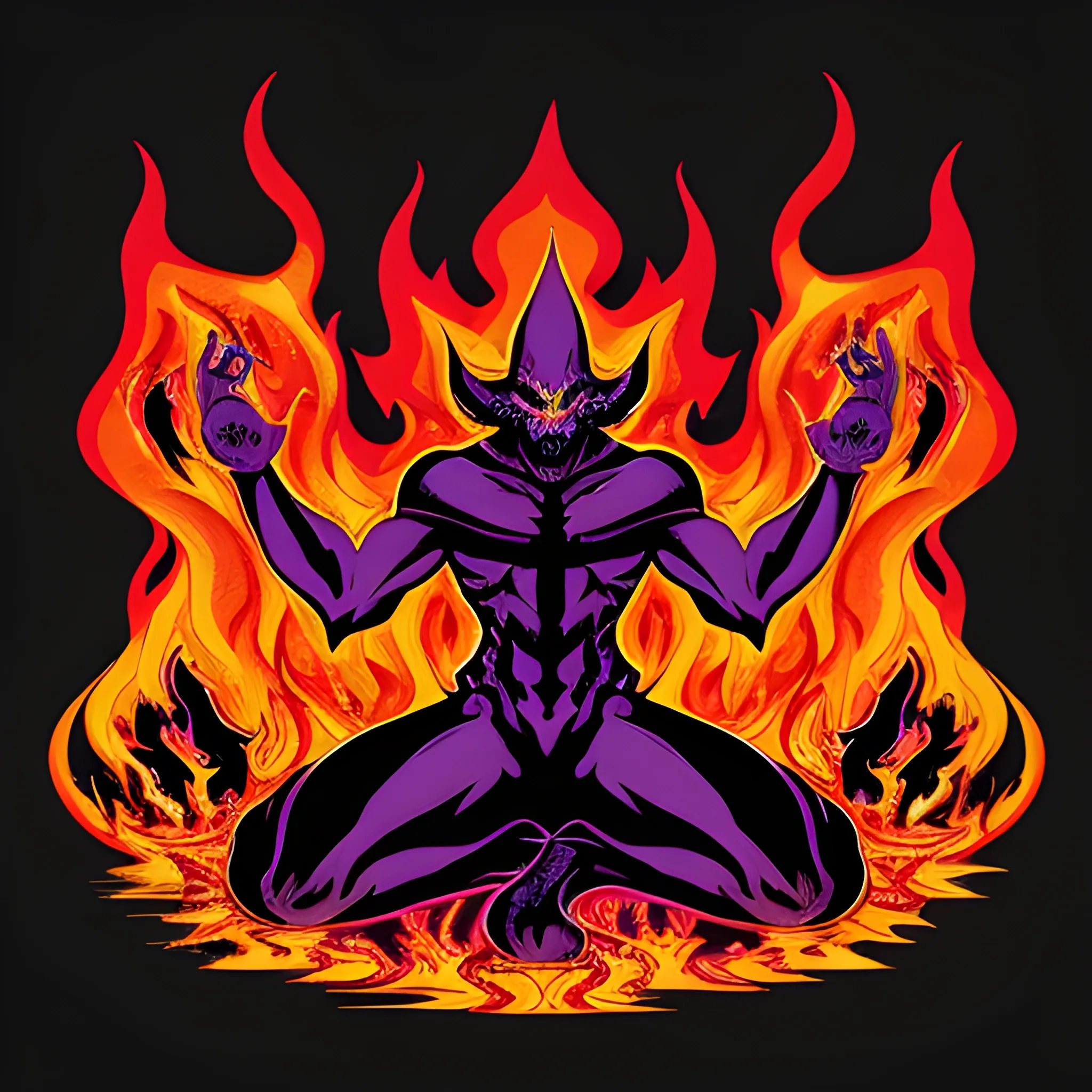 Design a striking graphic featuring a demonic figure surrounded by a fiery inferno. The figure should have elongated limbs, sharp claws, and glowing eyes, exuding an aura of menace. Incorporate symbols of chaos, such as inverted crosses and pentagrams, subtly woven into the flames. The color palette should consist of dark blacks and deep purples, with highlights of electric purple to create an eerie glow.  comic book cover, retro ephemera style, Frederick Morgan, playful colors, bold colors,