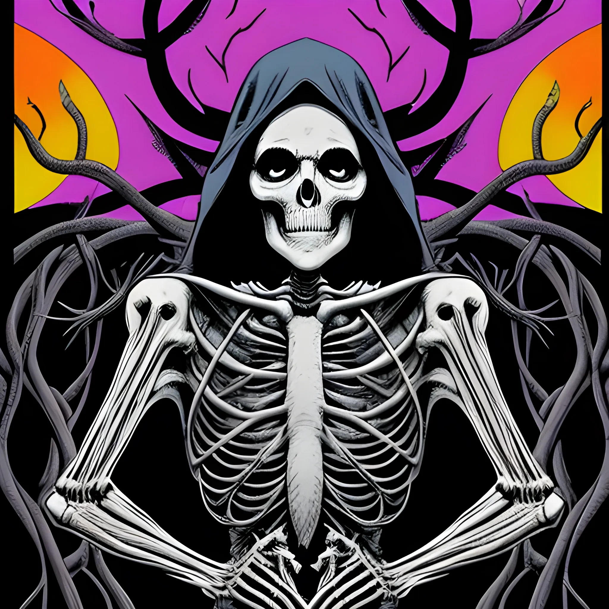 Psychedelic art of haunting skeletal figure cloaked in tattered robes, emerging from a swirling mist. The background should consist of dark, ominous clouds with shades of deep purple and grey, creating a foreboding atmosphere. Incorporate intricate patterns of thorns and vines wrapping around the skeleton, symbolizing entrapment and decay. The overall composition should evoke feelings of darkness and mystery. comic book cover, retro ephemera style, Frederick Morgan, playful colors, bold colors,, vibrant psychedelic colors, very high detail, 8K