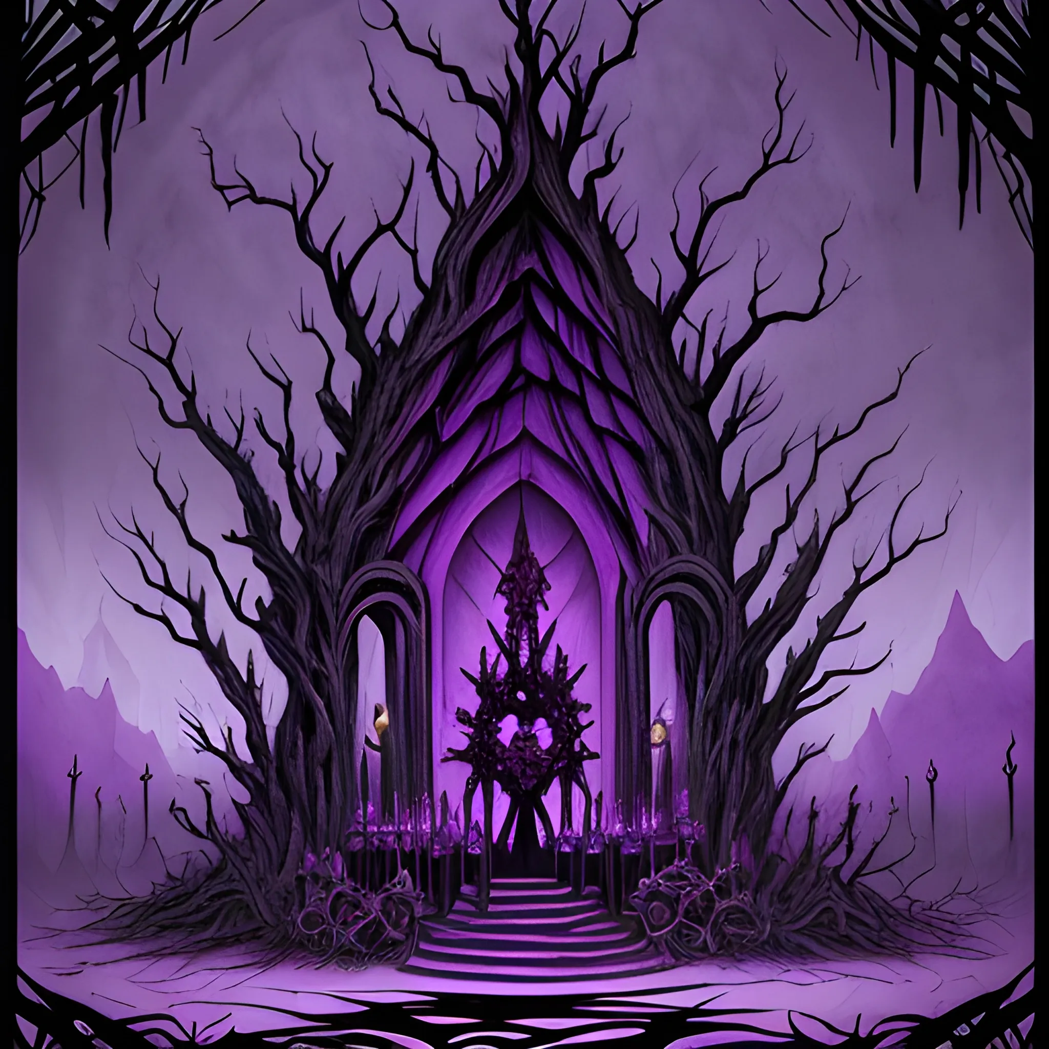 Create a central image featuring a rustic altar made of bones and skulls, adorned with black candles. Atop the altar, place a pulsating heart, partially exposed, glowing in shades of purple and gray.

In the background, depict a desolate landscape with gnarled, dead trees rising from a gray ground under a turbulent purple-gray sky. A dark full moon casts ominous shadows across the scene.

Incorporate ancient runes and hidden symbols along the borders in a bright purple hue, giving off an eerie glow.

The overall design should evoke a sense of dark ritual and sacrifice, blending horror and beauty, appealing to both deathcore fans and lovers of the macabre.. comic book cover, retro ephemera style, Frederick Morgan, playful colors, bold colors,