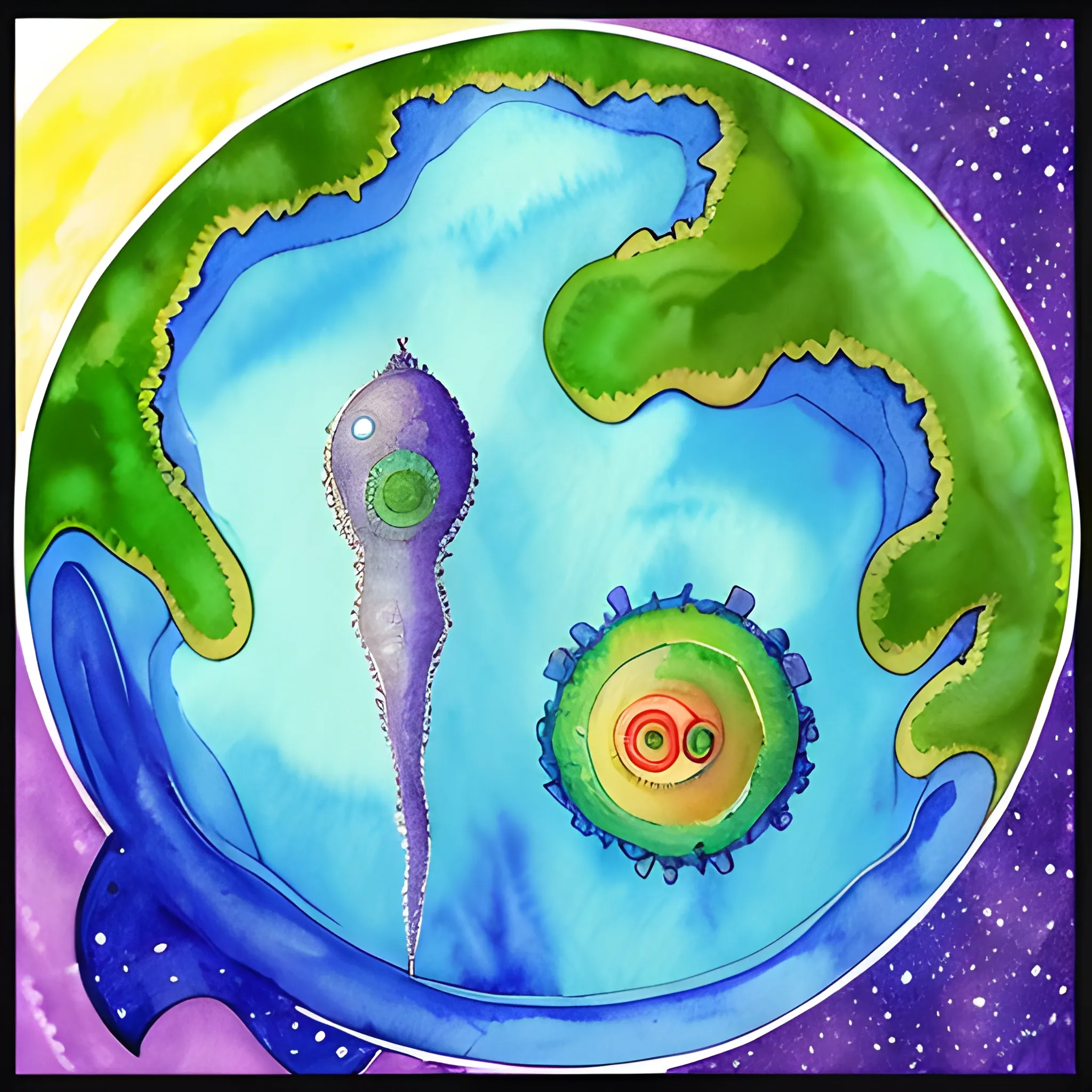 Generate a planet where we can see different life thing, from the smalets to biggest such animals, plants and microorganism., Water Color