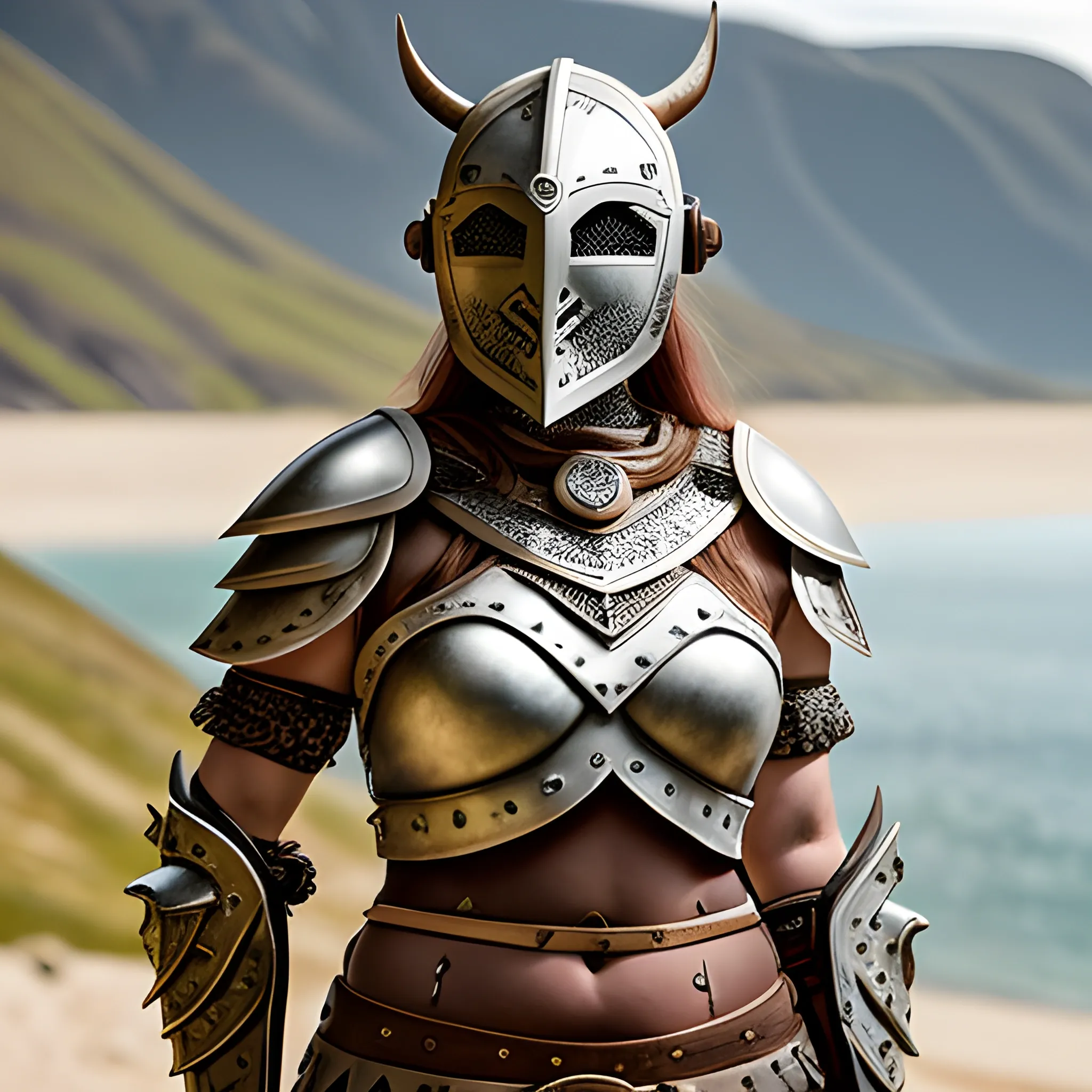 Hermosa Mujer vikinga con armadura de escudera, alta, esbelta y pelirroja. Con marcas de heridas, y mirada feroz. En un paisaje escandinavo. Estilo fotografía hiperrealista. Cuerpo real sin casco