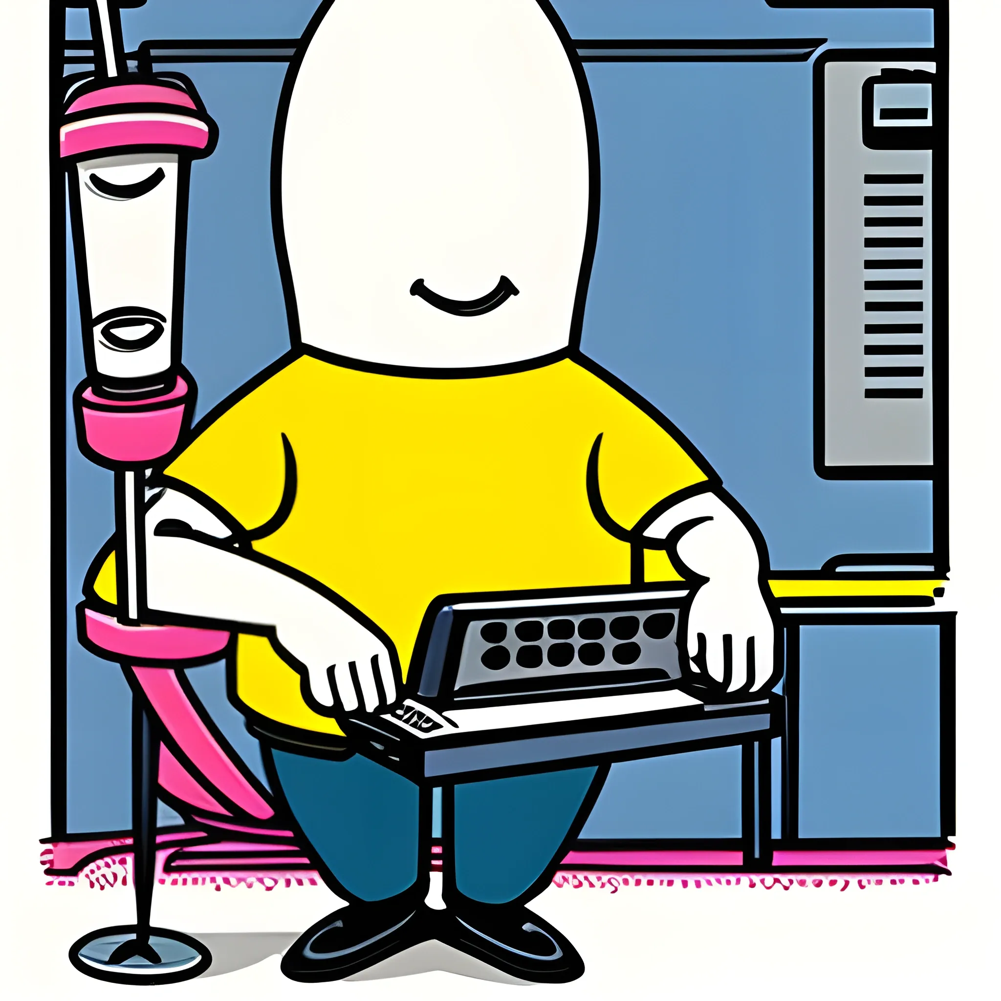 , Cartoon, bowling pin typing code in a computer with one hand and holding a bowling ball in the other hand. 