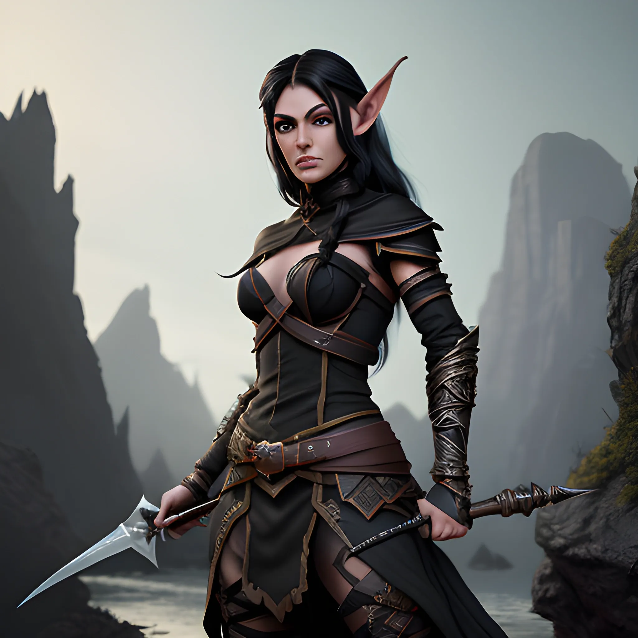 half elf rogue, fighter  with black hear, dagger, bow, insane detailed face, view above waist, 8k, high resolution, high quality, detailed, detailed matte painting, deep color, fantastical, intricate detail, splash screen, complementary colors, fantasy concept art, 8k resolution trending on Artstation Unreal Engine

