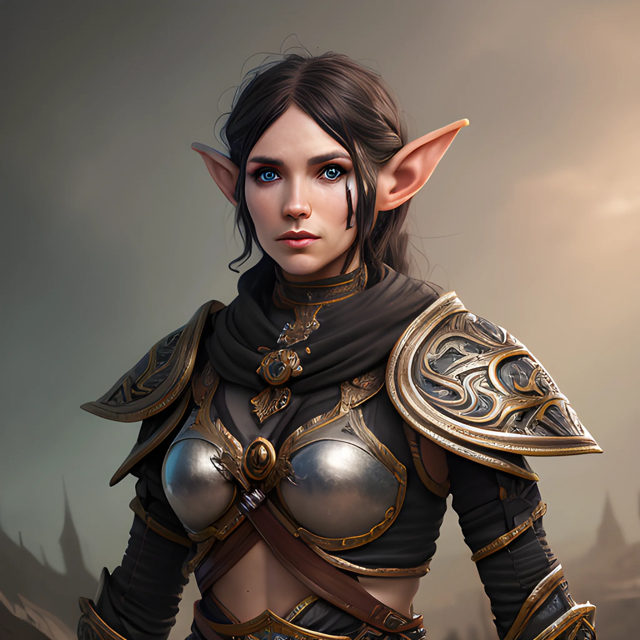 hlf elf femal, trogue fighter with medium black hear, rpier and long bow
, insane detailed face, view above waist, 8k, high resolution, high quality, detailed, detailed matte painting, deep color, fantastical, intricate detail, splash screen, complementary colors, fantasy concept art, 8k resolution trending on Artstation Unreal Engine

