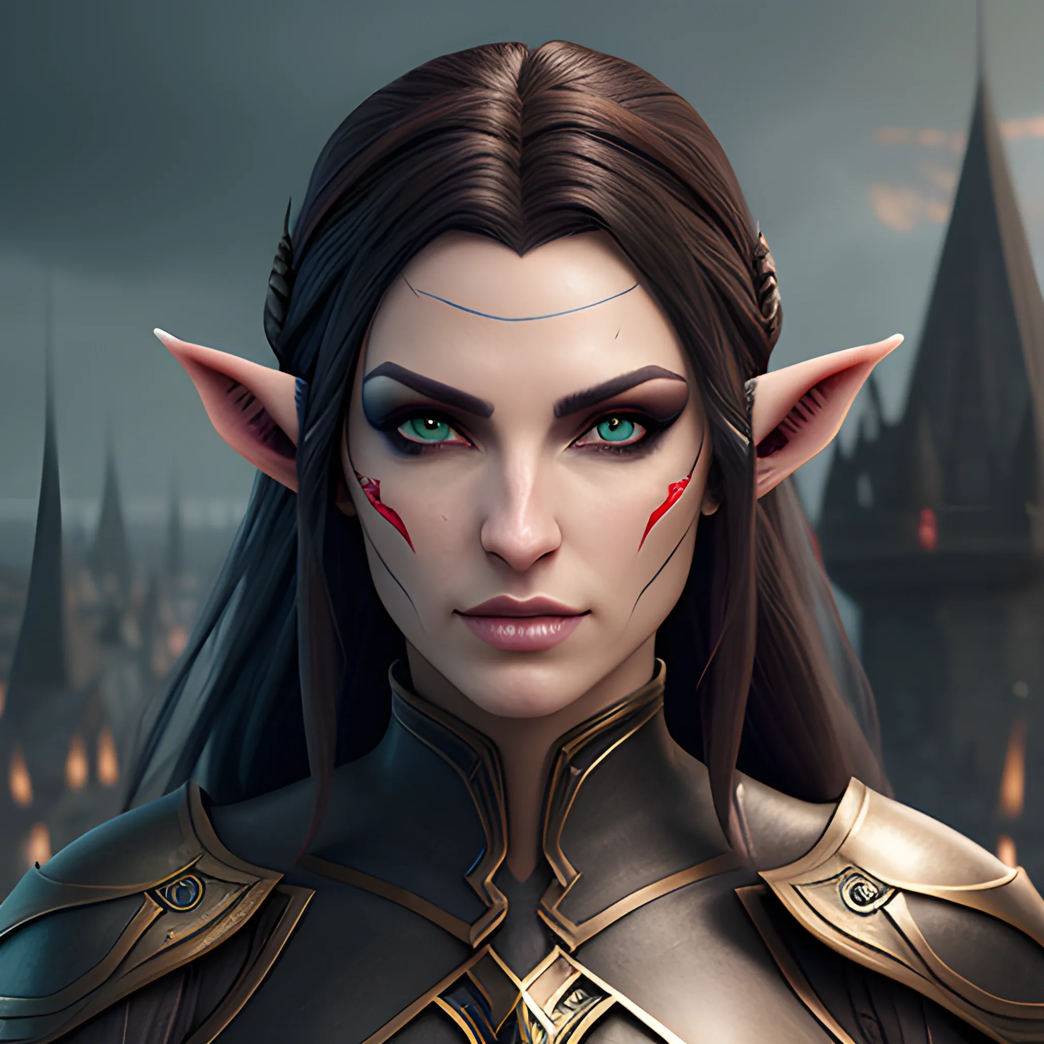 half elf, femal, rogue, fighter, medium black hear,little ear; rapier,long bow , insane detailed face, view above waist, 8k, high resolution, high quality, detailed, detailed matte painting, deep color, fantastical, intricate detail, splash screen, complementary colors, fantasy concept art, 8k resolution trending on Artstation Unreal Engine