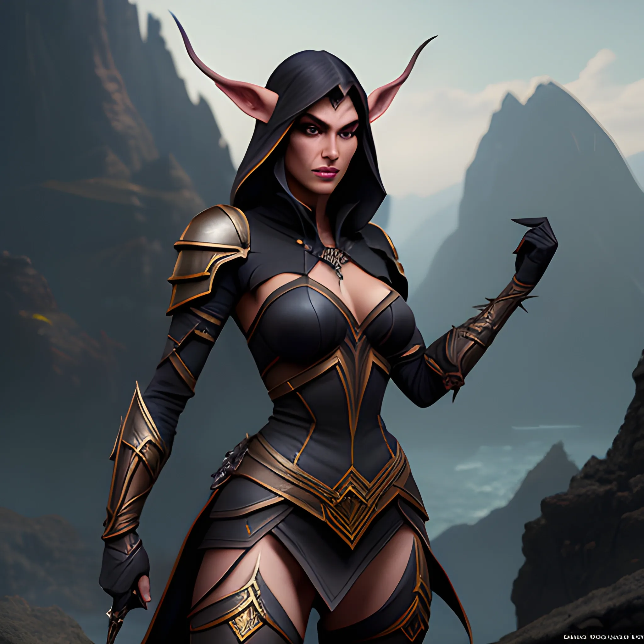 half elf, femal, rogue, fighter, medium black hear,very little ear; rapier,long bow , insane detailed body, view above waist, 8k, high resolution, high quality, detailed, detailed matte painting, deep color, fantastical, intricate detail, splash screen, complementary colors, fantasy concept art, 8k resolution trending on Artstation Unreal Engine