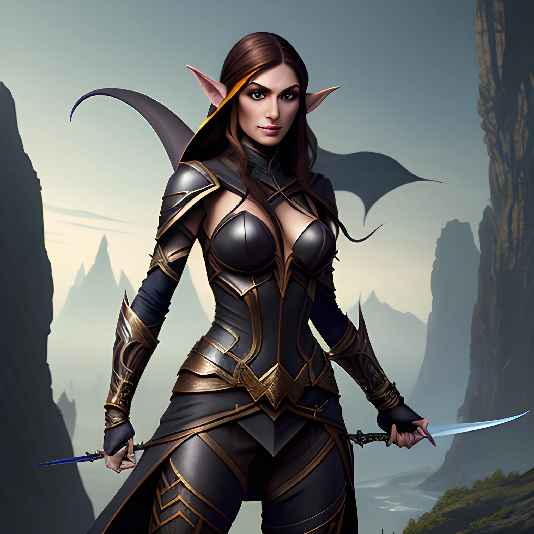 half elf, femal, rogue, fighter, medium black hear,very little ear; rapier,long bow , insane detailed body,fantasy style,
 view above waist, 8k, high resolution, high quality, detailed, detailed matte painting, deep color, fantastical, intricate detail, splash screen, complementary colors, fantasy concept art, 