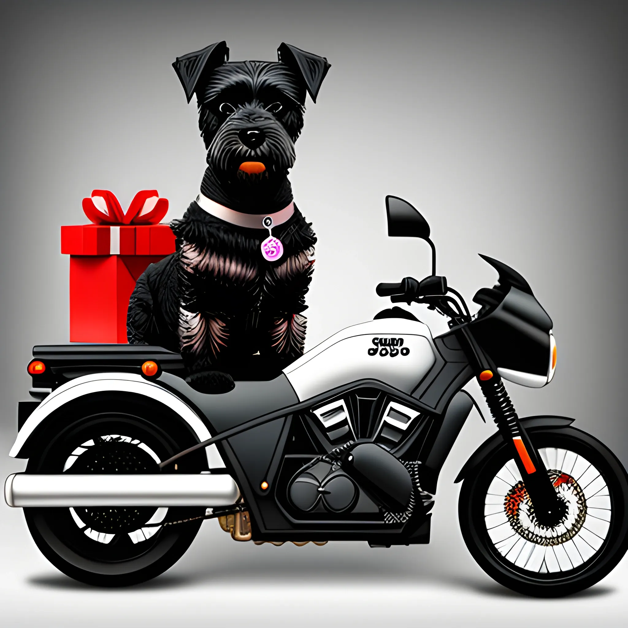 create an image of a black schnauzer dog with a white chest and a grey cat on a motorcycle selling gifts