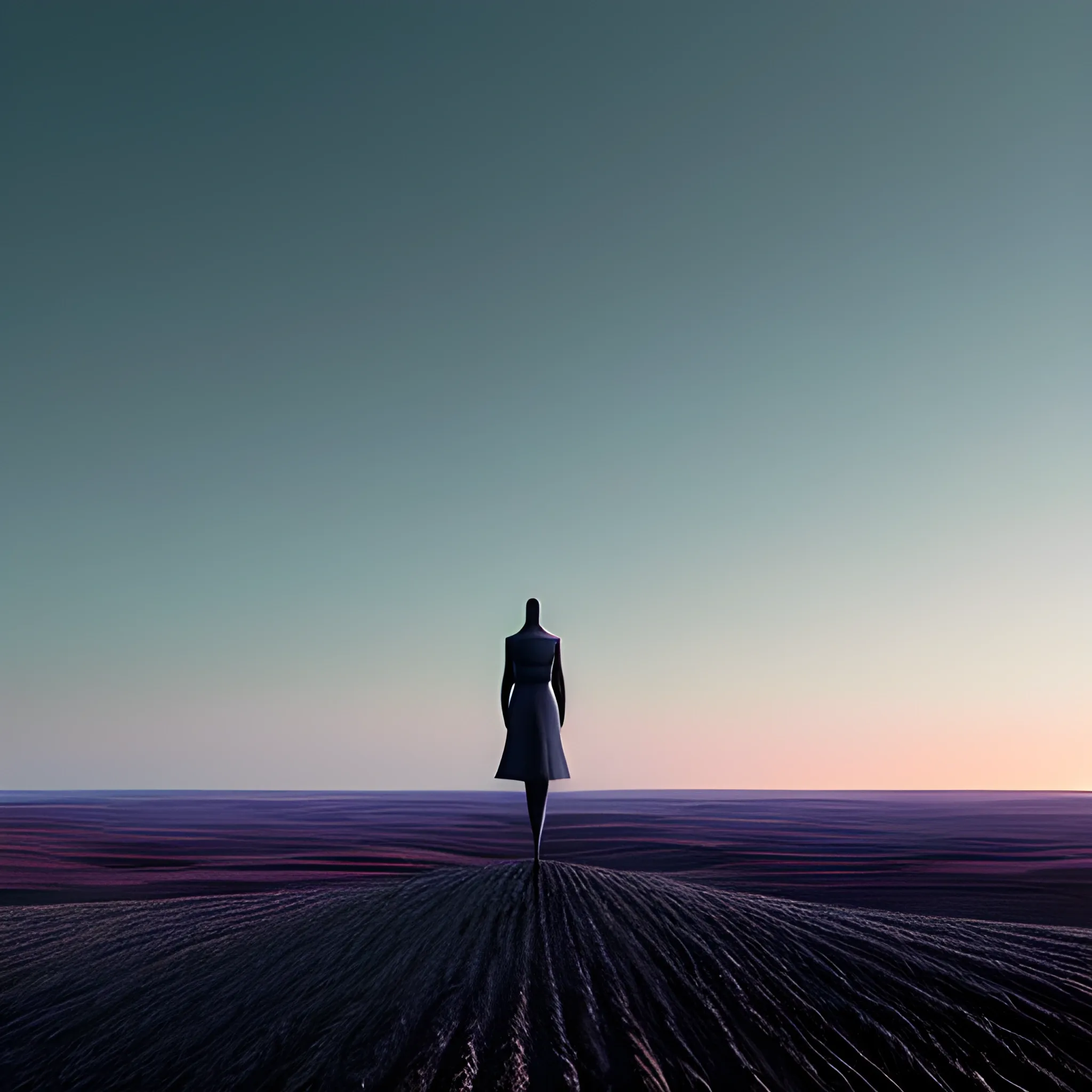 A futuristic AI interface with digital elements and lone female figure stands silhouetted against a vast, barren landscape stretching endlessly in all directions. The person appears tiny and insignificant amidst the boundless terrain. At the distant horizon, just a sliver of sunlight peeks out, barely visible yet hinting at the promise of dawn. The sky is still dominated by the deep hues of night, gradually transitioning to softer pre-dawn colors near the horizon. The entire scene is shrouded in a cool, ethereal light, creating a profound sense of solitude and anticipation. The composition evokes a feeling of isolation, wonder, and the timeless connection between humanity and the immensity of nature. First light, blue hour, minimalist horizon, subtle dawn, atmospheric, ultra-wide angle, hyper-realistic, moody lighting, 8k resolution, highly detailed