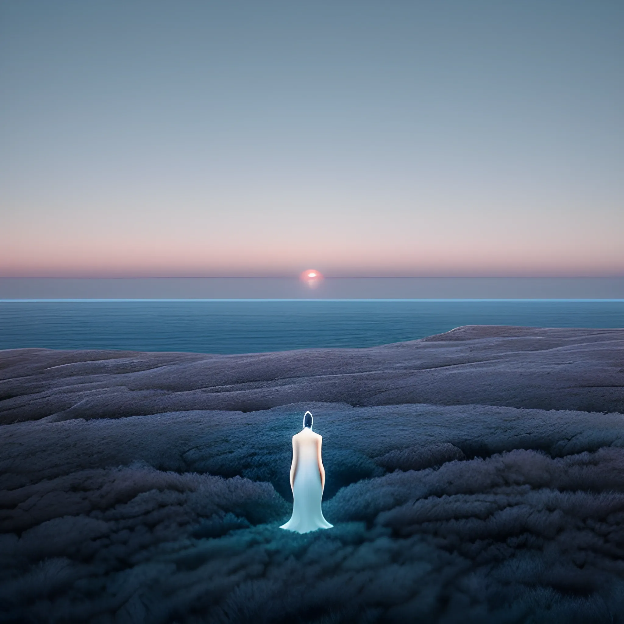 a futuristic AI interface with digital elements and lone female figure stands silhouetted against a sea coastal area, barren landscape stretching endlessly in all directions. The person appears tiny and insignificant amidst the boundless terrain. At the distant horizon, just a sliver of evening sunlight peeks out, barely visible yet hinting at the promise of dawn. The sky is still dominated by the deep hues of daylight, gradually transitioning to softer pre-dawn colors near the horizon. The entire scene is shrouded in a cool, ethereal light, creating a profound sense of solitude and anticipation. The composition evokes a feeling of isolation, wonder, and the timeless connection between humanity and the immensity of nature. First light, blue hour, minimalist horizon, subtle dawn, atmospheric, ultra-wide angle, hyper-realistic, moody lighting, 8k resolution, highly detailed