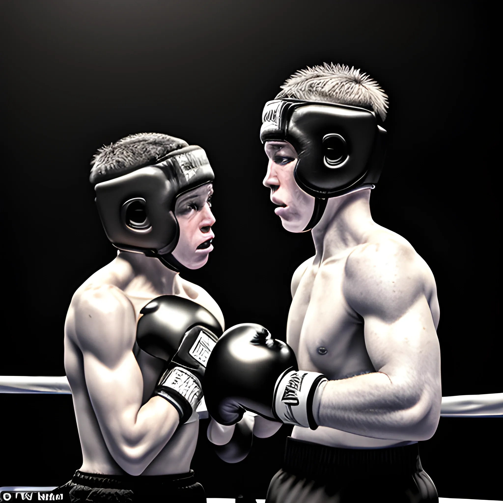 A confident white grasshopper with boxing gloves triumphantly towering over their black hopper opponent in a tense, dimly lit boxing ring, the latter's face etched with trepidation, under the stark, dramatic lighting of a gritty, urban sports arena, reminiscent of the raw, emotional style of a classic realism painting.