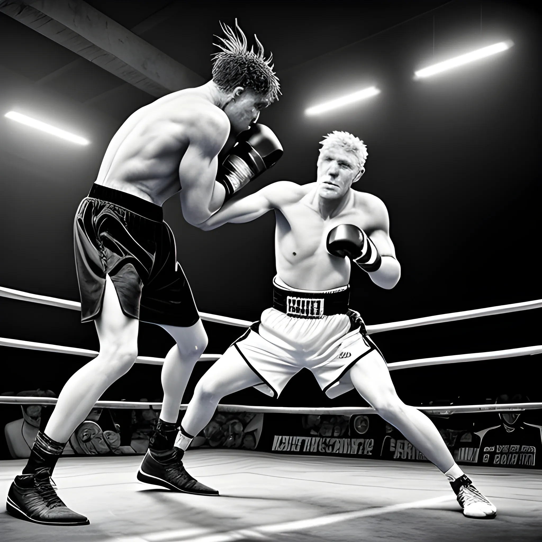 A confident white grasshopper athlete triumphantly towering over their black stonehopper opponent in a tense, dimly lit boxing ring, the latter's face etched with trepidation, under the stark, dramatic lighting of a gritty, urban sports arena, reminiscent of the raw, emotional style of a classic realism painting.