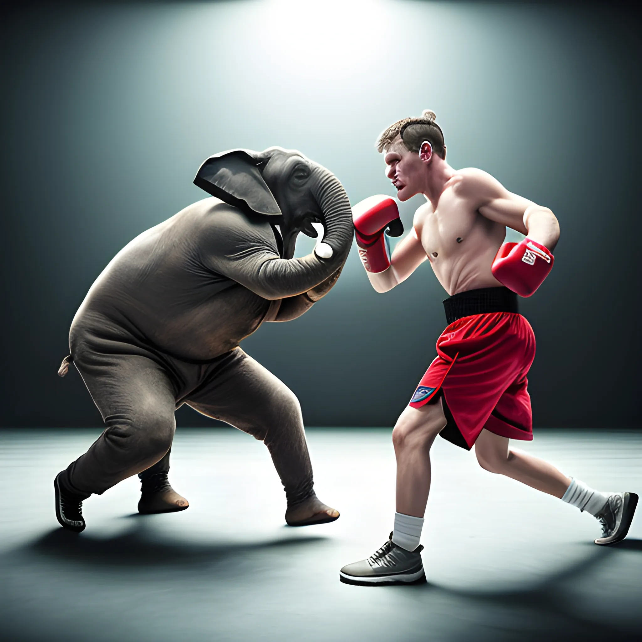 Two stonehopper with boxing gloves on fighting in front of elephant, precise color grading, hyper-realistic, studio lighting, lifelike, high dynamic range, true-to-life colors, anatomically accurate, proper perspective, professional photography, photo-realistic, no dark elements, bright colors, harmonious scenery