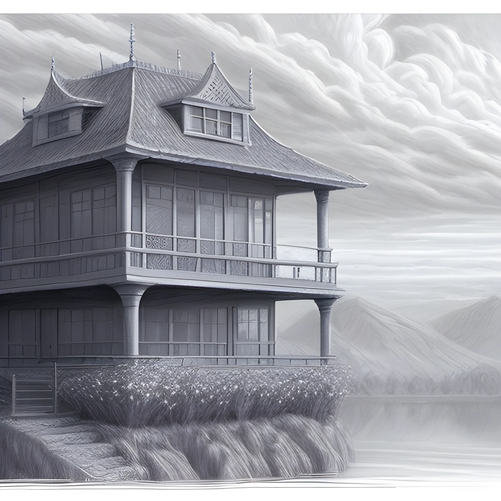 a building in a serene landscape, fantasy art , Pencil Sketch