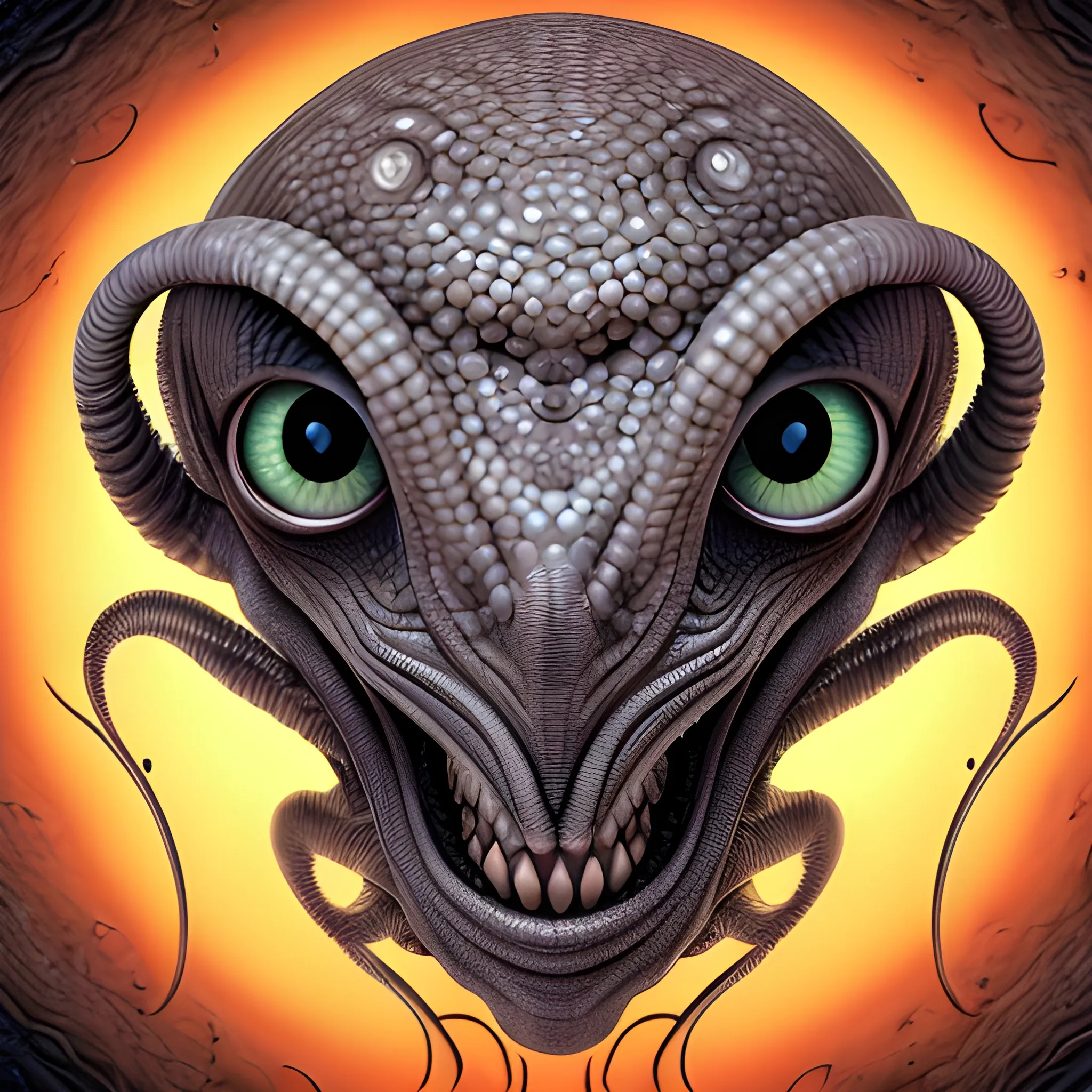 a potrait of alien looking with wrinkled face with scales blended with large two eyes,radar like living creature with tenticles around and hair like needles
 