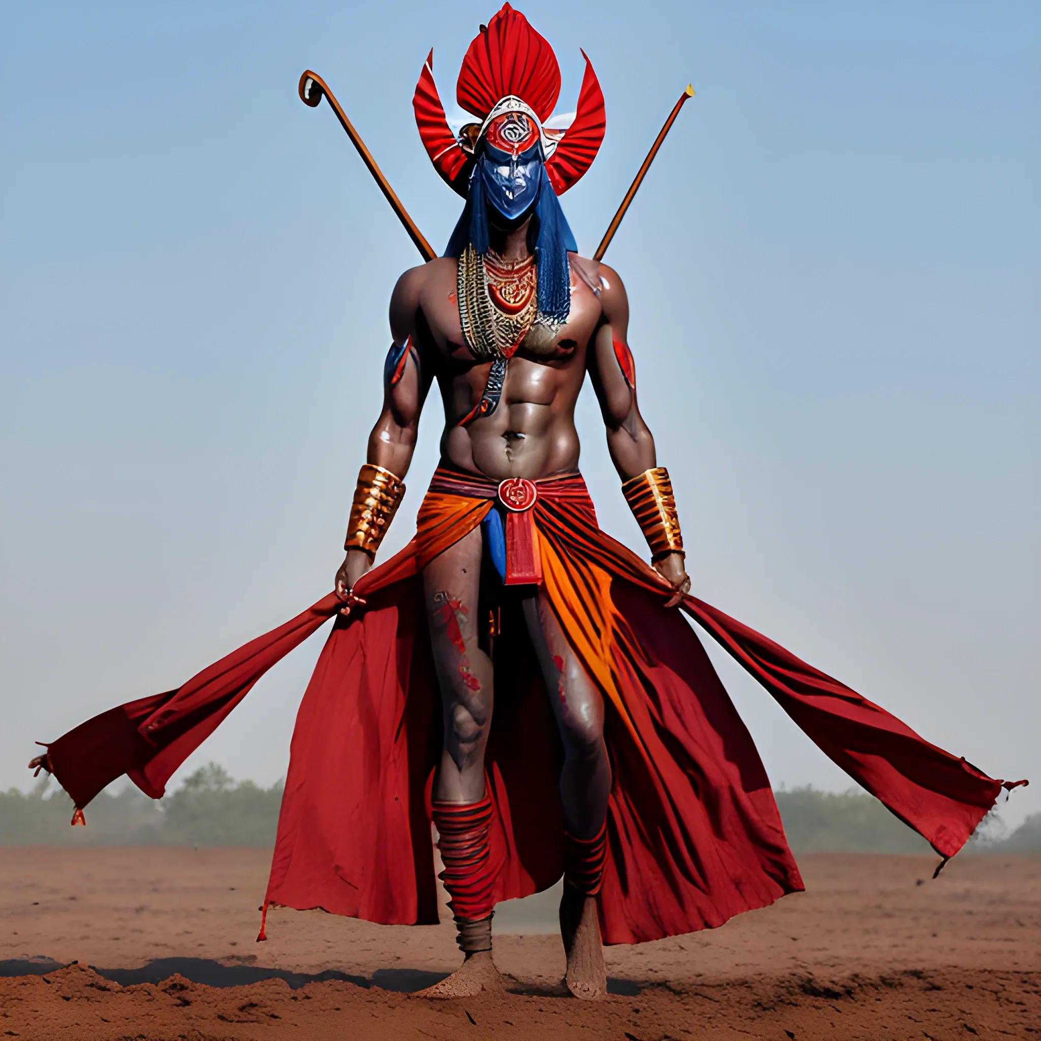 maskline male figure with indian dark blue skin,tall dressed with only small cloth on his west and muddy look with trishool in his hand /angryly looking with red eyes third eye in middle.an flag with om. full body from toe to head

 