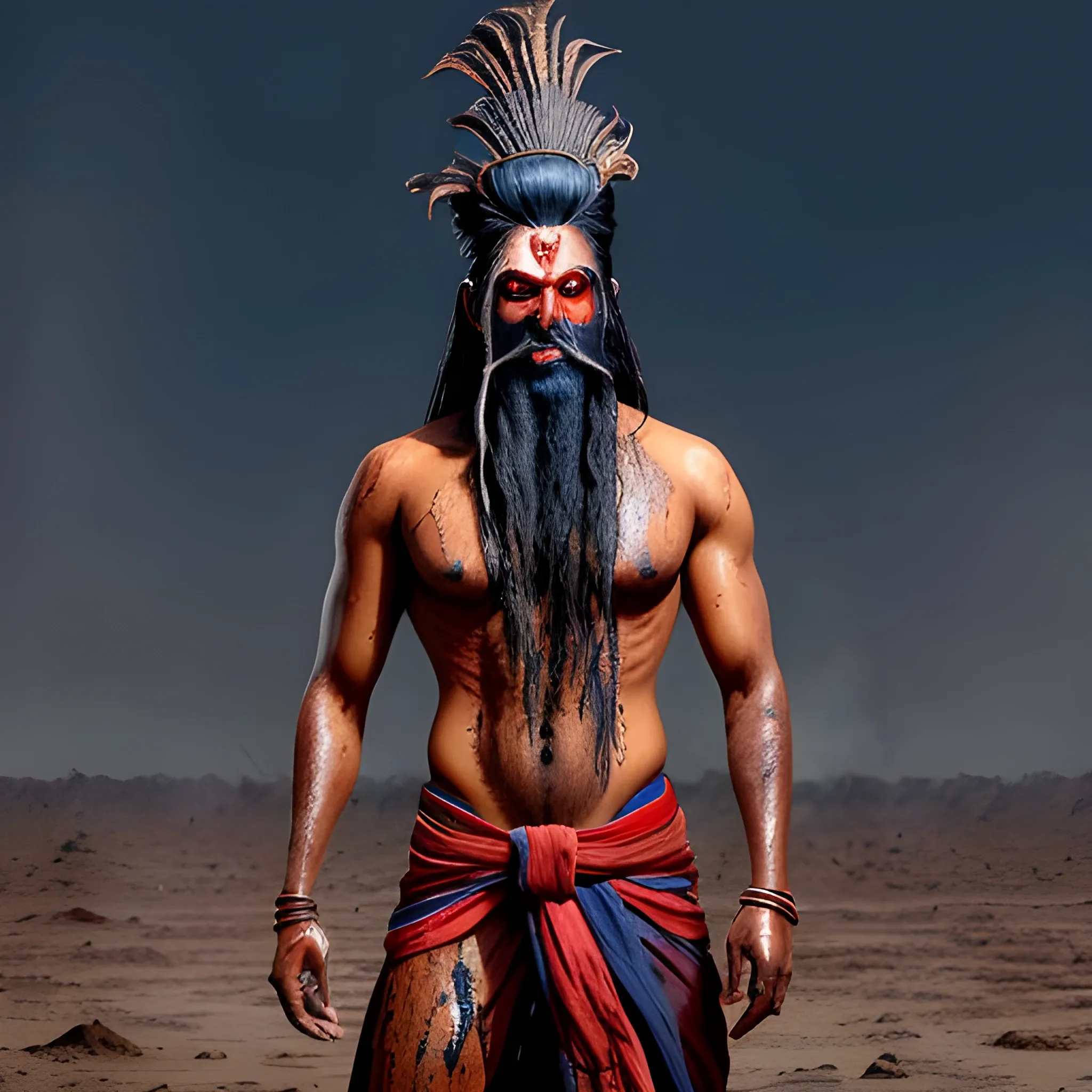 maskline male figure with indian dark blue skin,tall dressed with only small cloth on his west and muddy look with trishool in his hand /angryly looking with red eyes third eye in middle.an flag with om. full body from toe to head,aghori look with wnwashed hair for years.no colourful clothing.

 