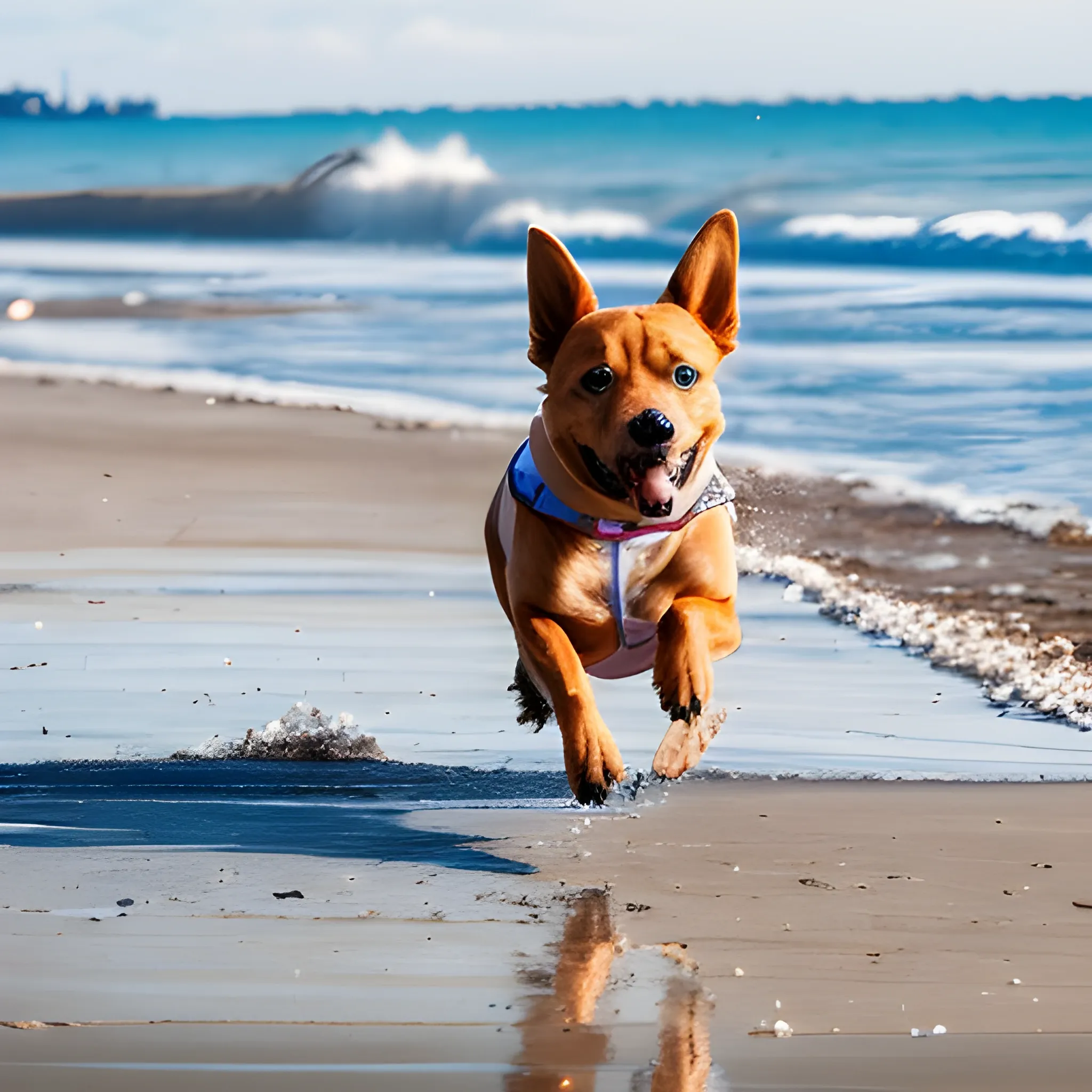 a dog running in the beach