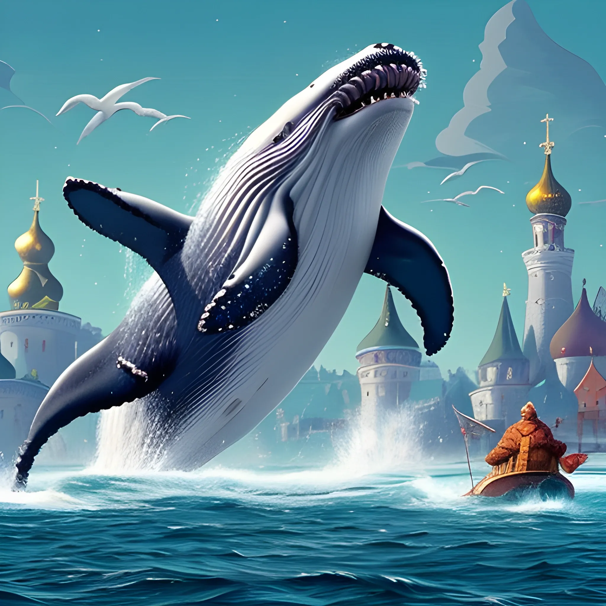 a huge smiling whale on whose back are three heroes, Masha and the Bear, a wolf in the city from Russian fairy tales, children are playing around the whale