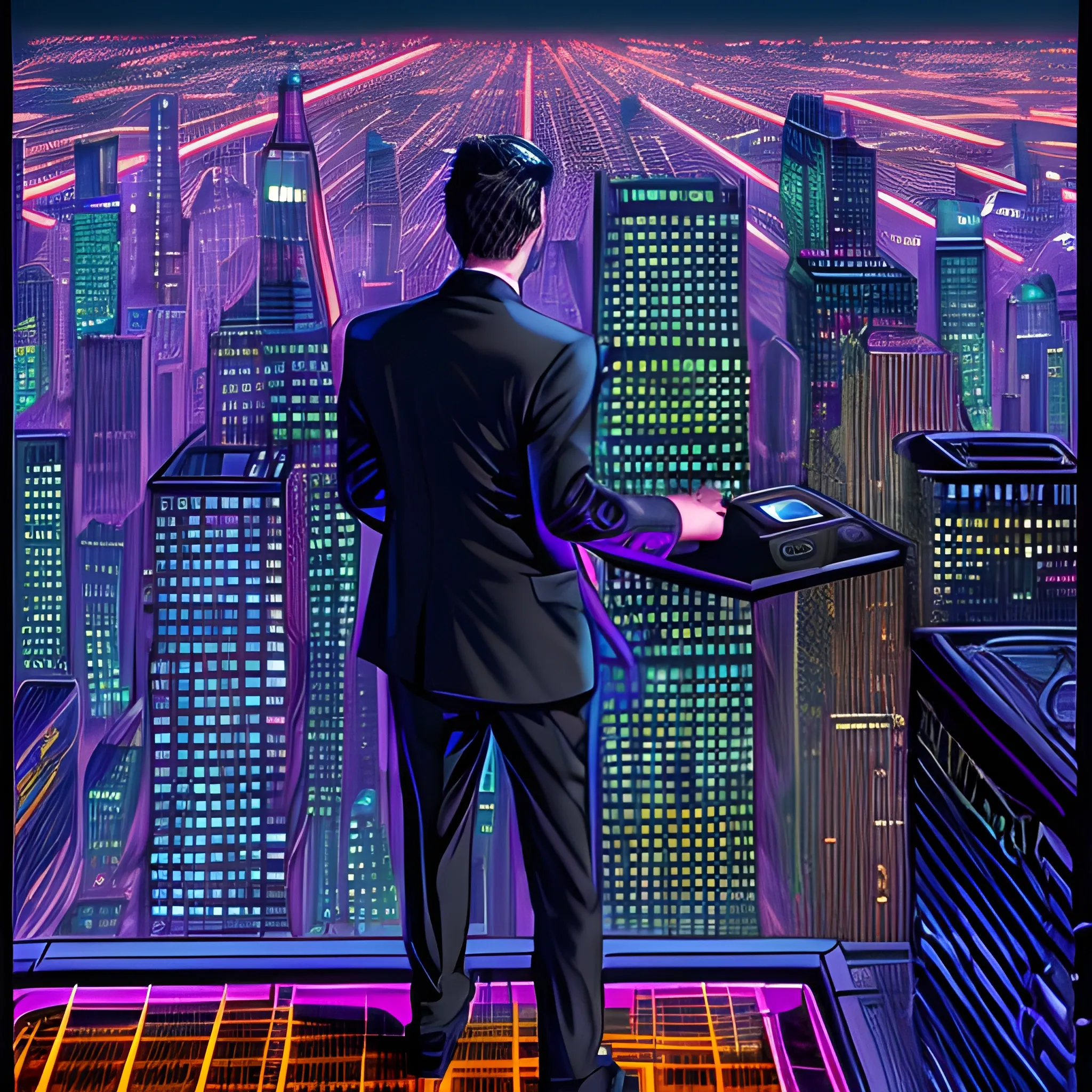 [Andy steps out of a black helicopter onto the rooftop of a dazzling, modern skyscraper. Below, the neon-lit city stretches far and wide. His silk suit catches the light as he adjusts his Bitcoin cufflinks. A briefcase overflowing with cash is handed to him.] , Cartoon