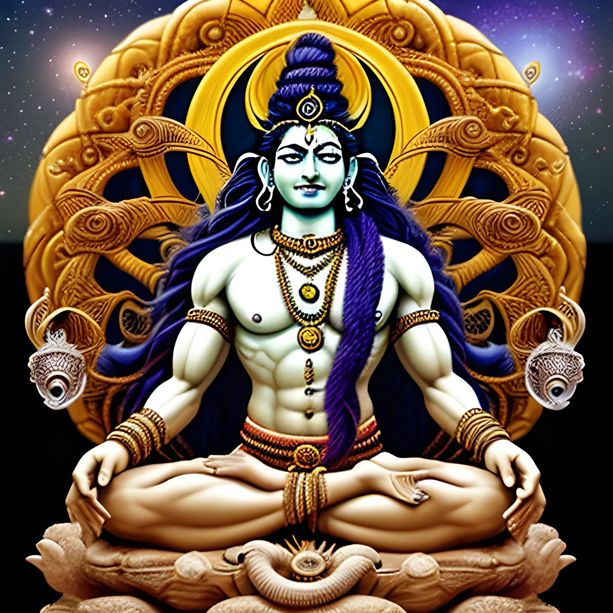 In Hindu scriptures, Lord Shiva is described as a majestic and awe-inspiring deity with distinct physical features. Here are some key aspects of his physicality:

Physical Appearance:

1. Body: Shiva's body is often depicted as slender and tall, with a radiant, luminous complexion.
2. Skin: His skin is described as "neela" or blue-gray, symbolizing his association with the infinite sky and the cosmos.
3. Hair: Shiva's hair is typically depicted as matted and tangled, with the Ganges River flowing through it.
4. Eyes: His eyes are described as three, with the third eye (also known as the "ajna" or command center) situated on his forehead, between his eyebrows.
5. Face: Shiva's face is serene and tranquil, with a subtle, enigmatic smile.

Symbolic Adornments:

1. Snake around his neck: Representing his control over time and destiny.
2. Crescent moon on his forehead: Signifying his connection to the lunar cycle and the cycles of life.
3. Ganges River in his hair: Symbolizing his association with spiritual purification.
4. Sacred ashes (vibhuti) on his body: Representing his detachment from worldly desires.
5. Rudraksha beads around his neck: Signifying his connection to the cosmos.

Postures and Attitudes:

1. Padmasana (Lotus Position): Shiva is often depicted seated in this posture, symbolizing spiritual growth and enlightenment.
2. Nataraja (Dancing King): Shiva's cosmic dance represents the cycle of creation, preservation, and destruction.

Scriptural References:

These descriptions are based on various Hindu scriptures, including:

1. The Vedas
2. The Upanishads
3. The Puranas (especially the Shiva Purana)
4. The Mahabharata
5. The Bhagavata Purana

Some key verses that describe Shiva's physicality include:

- "Shiva is blue-throated, with three eyes, and his body is smeared with ashes." (Shiva Purana, 2.3.15)
- "His hair is matted, and the Ganges flows through it." (Mahabharata, 13.17.33)
- "He wears a snake around his neck and has a crescent moon on his forehead." (Bhagavata Purana, 4.2.12)

Please note that Hindu scriptures offer diverse descriptions of Shiva's physicality, and these may vary across different traditions and interpretations.

make a posture as described above 
