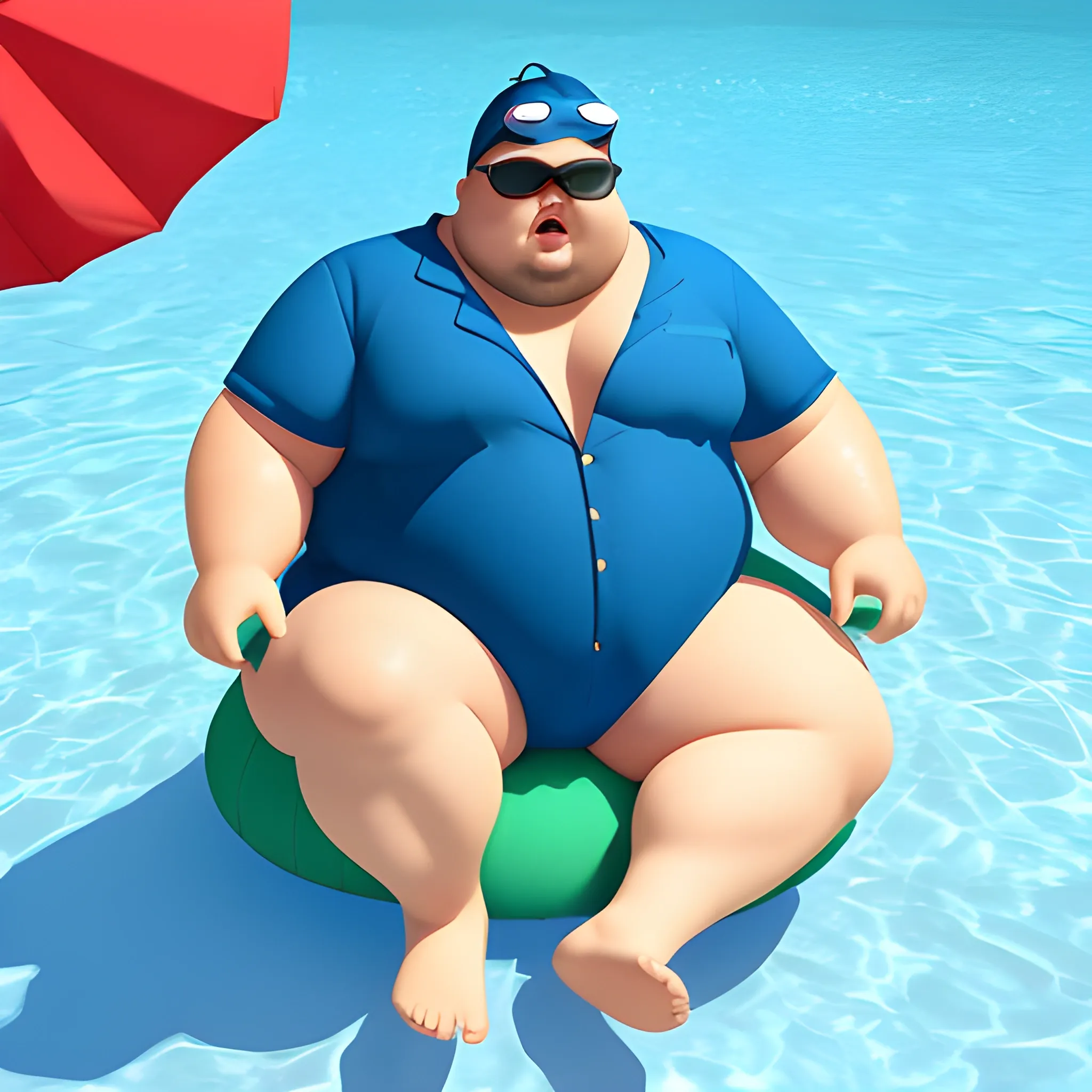 Fat man in swim romper, 3D