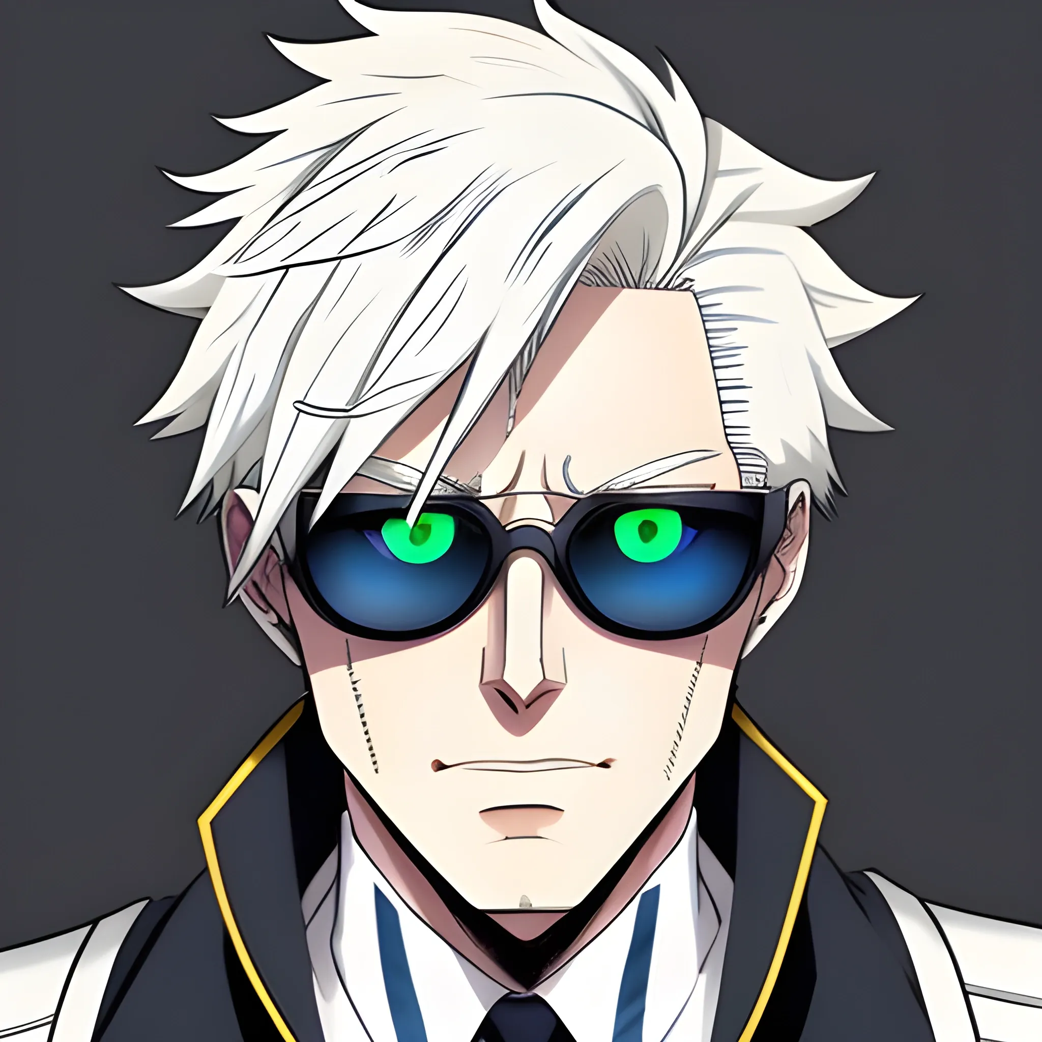 Boy, ashy platinum blonde hair. He has heterochromia, one blue eye and one yellow eye. Clothing is white. He often wears sunglasses. My Hero Academia style.
