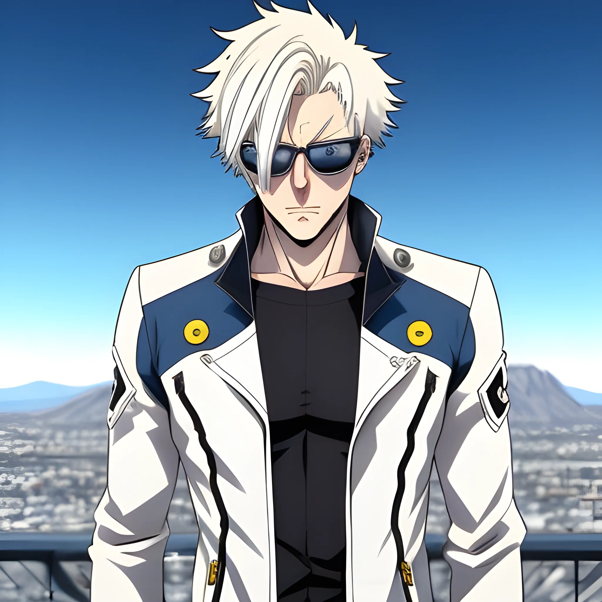 Boy, ashy platinum blonde hair. He has heterochromia, one blue eye and one yellow eye. Clothing is white. He often wears sunglasses. My Hero Academia style. He is 16
