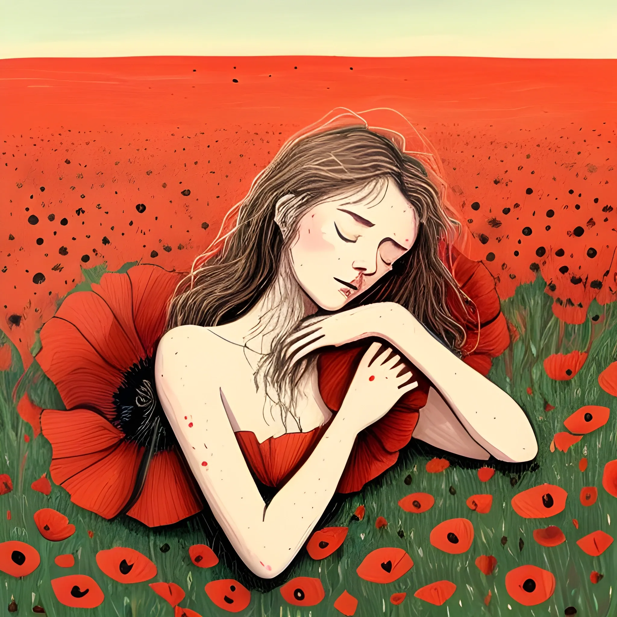 A vintage, hand-drawn minimalistic painting illustration of a female stick figure with messy hair resembling poppy petals. She is sleeping on the ground in a field of poppies. The background is a vast field of red poppies. The overall image has a dreamy atmosphere., Cartoon