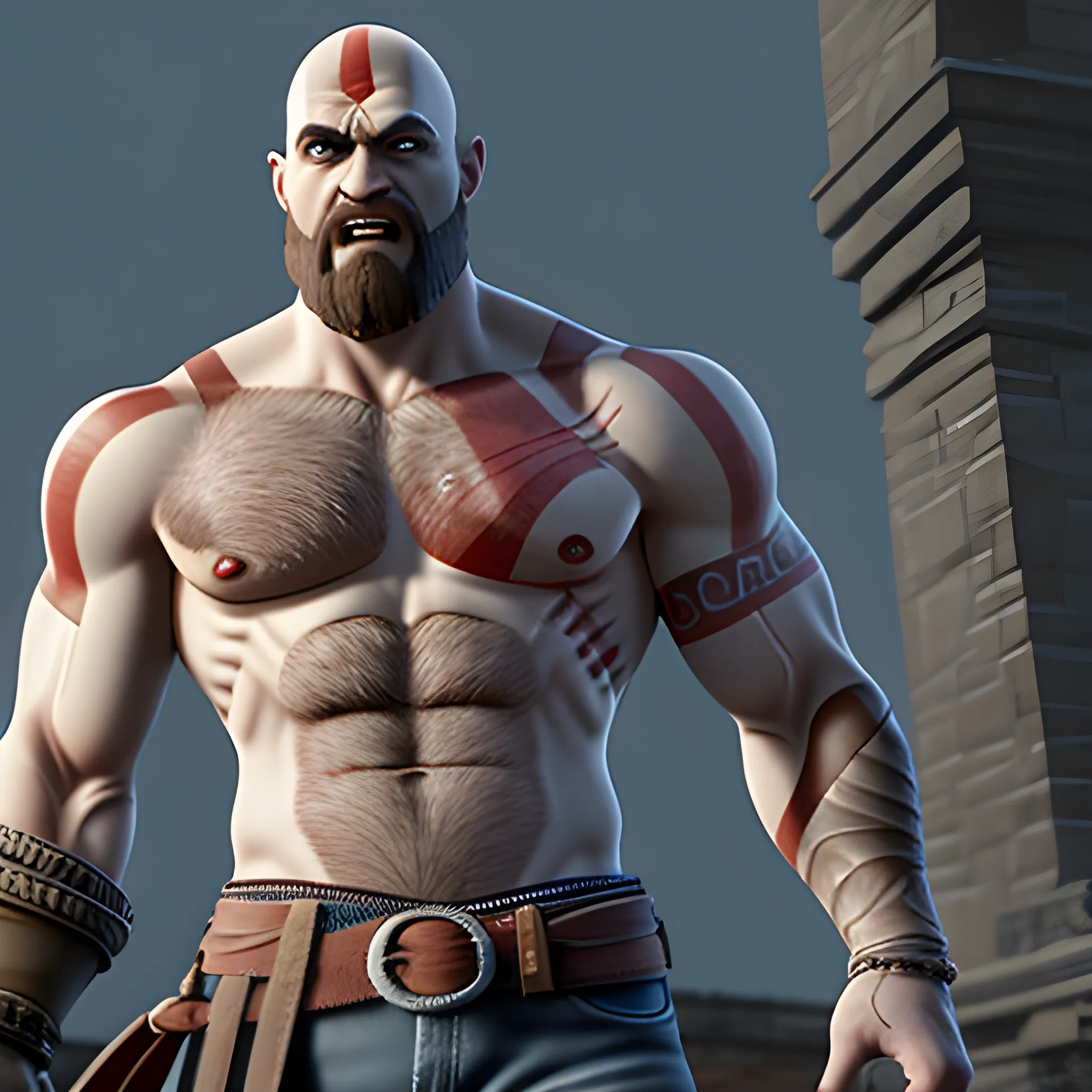 screenshot of kratos, without tattoo, dressed with jeans shirtless. in a pixar movie. 3 d rendering. unreal engine. amazing likeness. very detailed. cartoon caricature. 