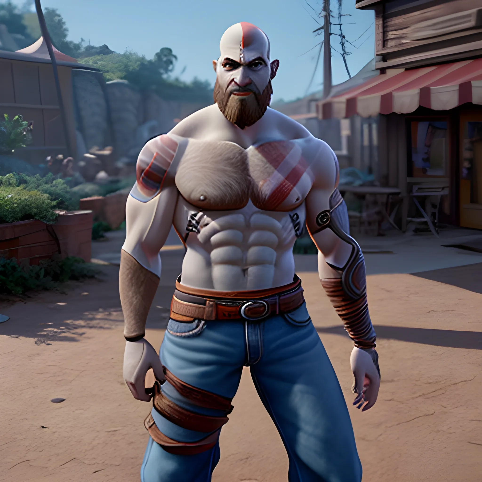 screenshot of kratos, no tattoo, dressed with jeans shirtless. in a pixar movie. 3 d rendering. unreal engine. amazing likeness. very detailed. cartoon caricature. 