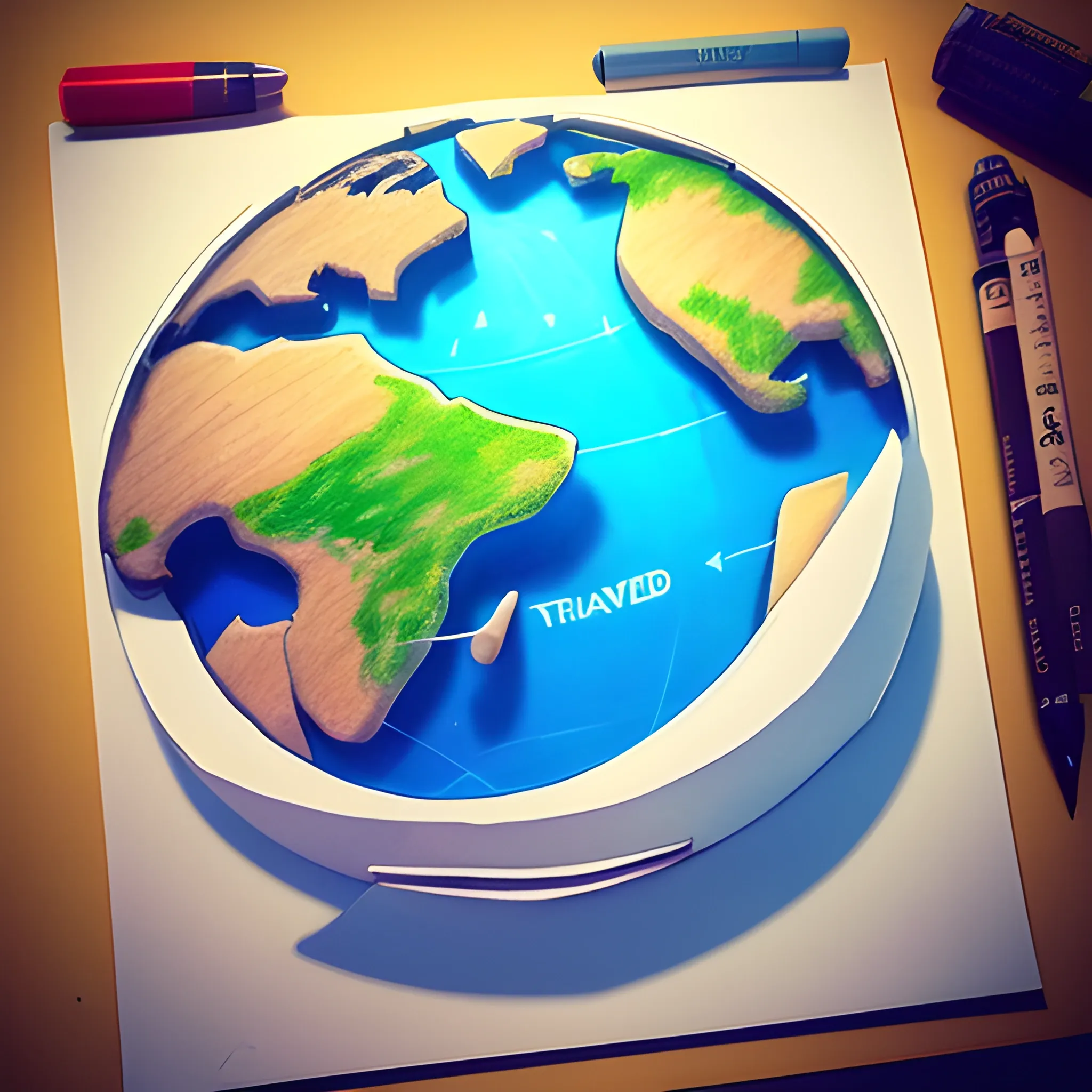 Draw a cool picture for a channel about traveling around the world, 3D