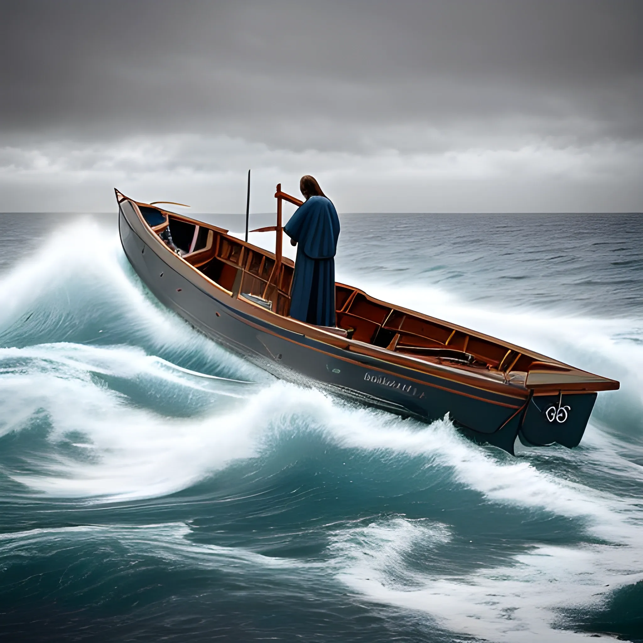 The stern of a boat is seen in the foreground and the stormy ocean in the background. On the ocean, Jesus is seen literally walking on the water. He approaches the boat, and his kind face that instills peace can be seen in the middle distance.