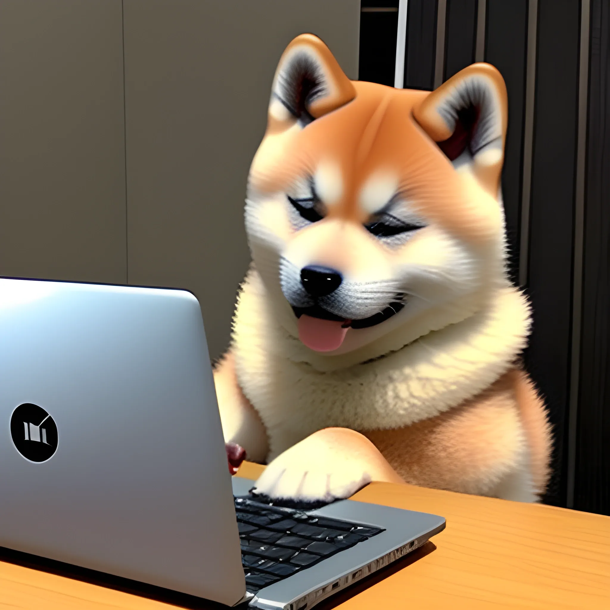 cute Akita Inu from the famous Doge meme sending emails from a laptop,  