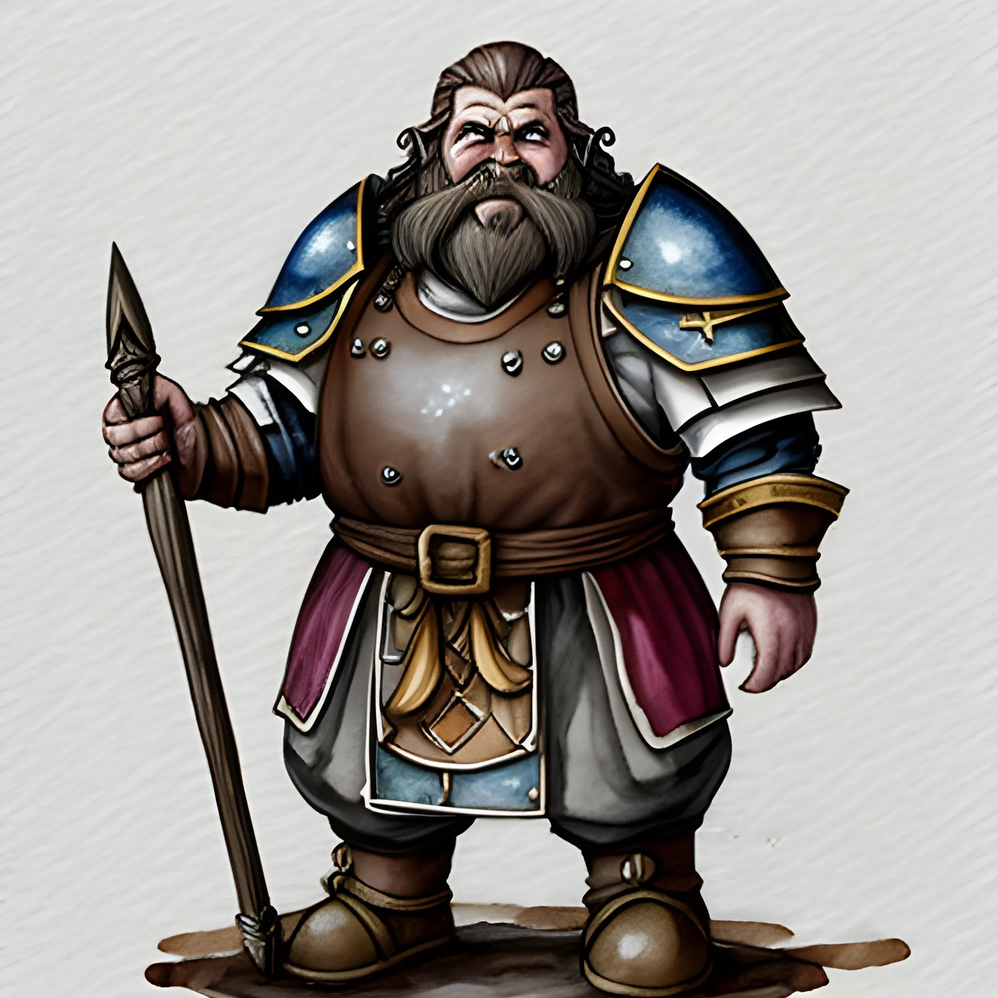 Water Color of a friendly dwarven man wearing a clerical armor standing in a forge.