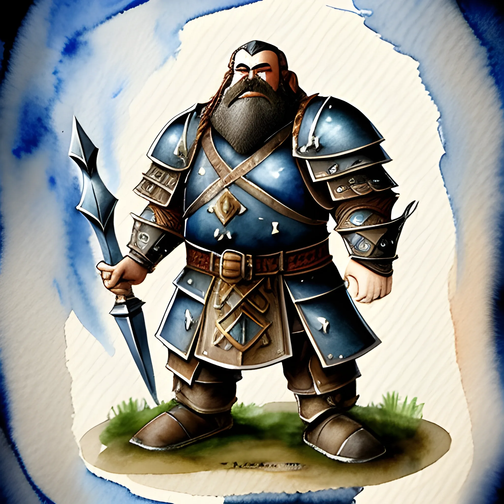 Water color for a proud dwarven man wearing a heavy armor standing in a battlefield.