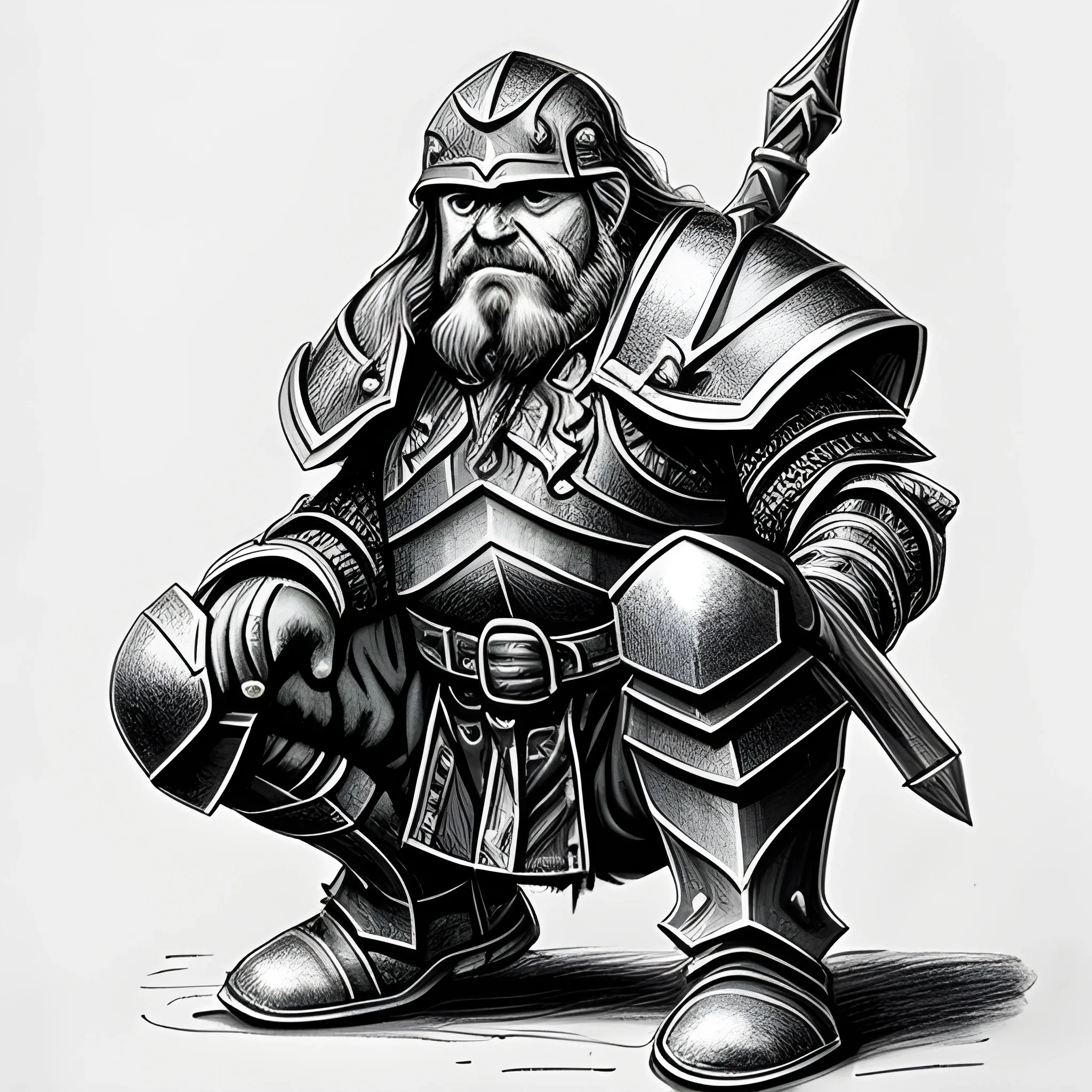 Pencil Sketch a dwarf man wearing a heavy armor kneeling in a battlefield