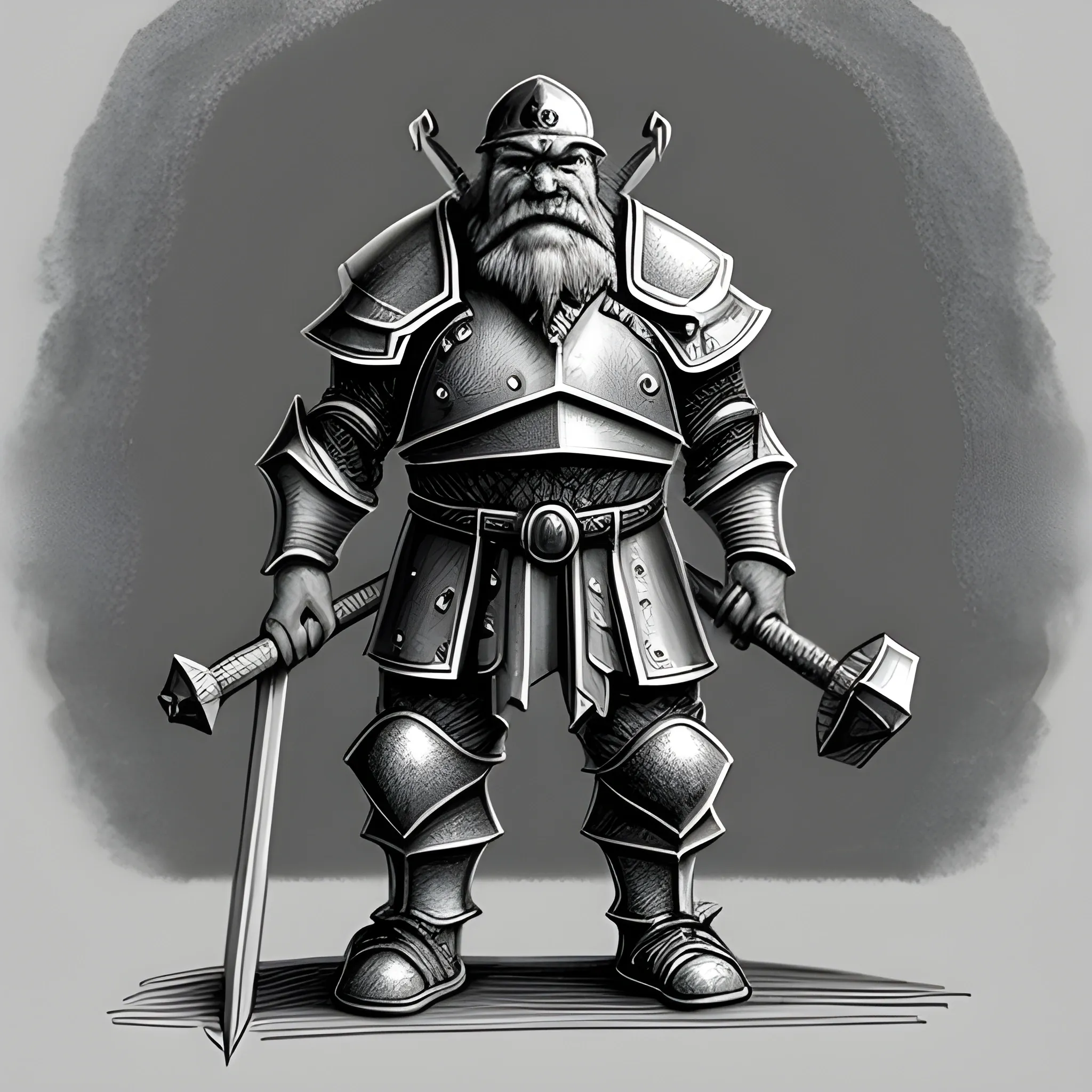 Pencil Sketch a dwarf man wearing a heavy armor standing next to an anvil