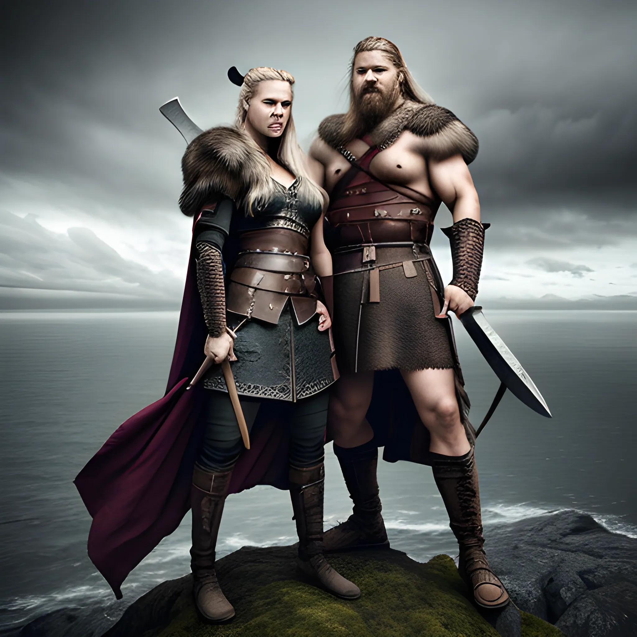 A powerful Viking warrior and a sensual Viking shieldmaiden standing together in a heroic pose. The Viking warrior is tall, muscular, and battle-hardened, holding a massive axe with a determined expression. The Viking woman is strong and fierce, her armor emphasizing both her strength and grace, with a sharp sword in hand. Both are dressed in detailed Viking armor with fur cloaks. They stand on a rugged, stormy cliffside with a dramatic sky filled with dark clouds, lightning, and an aura of power. The image is highly detailed, with great definition, radiating strength and intensity