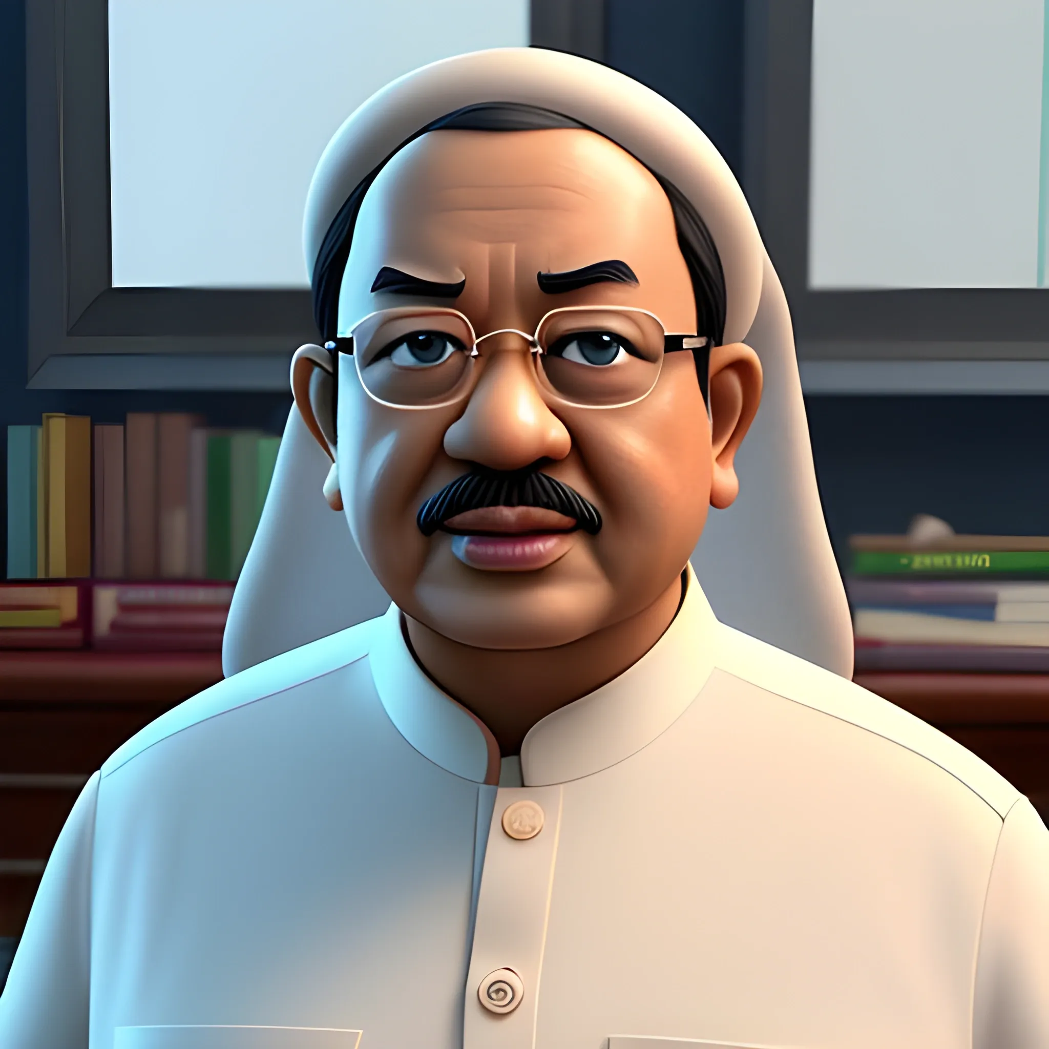 screenshot of ma'ruf amin, Vice President of the Republic of Indonesia in a pixar movie. 3 d rendering. unreal engine. amazing likeness. very detailed. cartoon caricature., 3D,