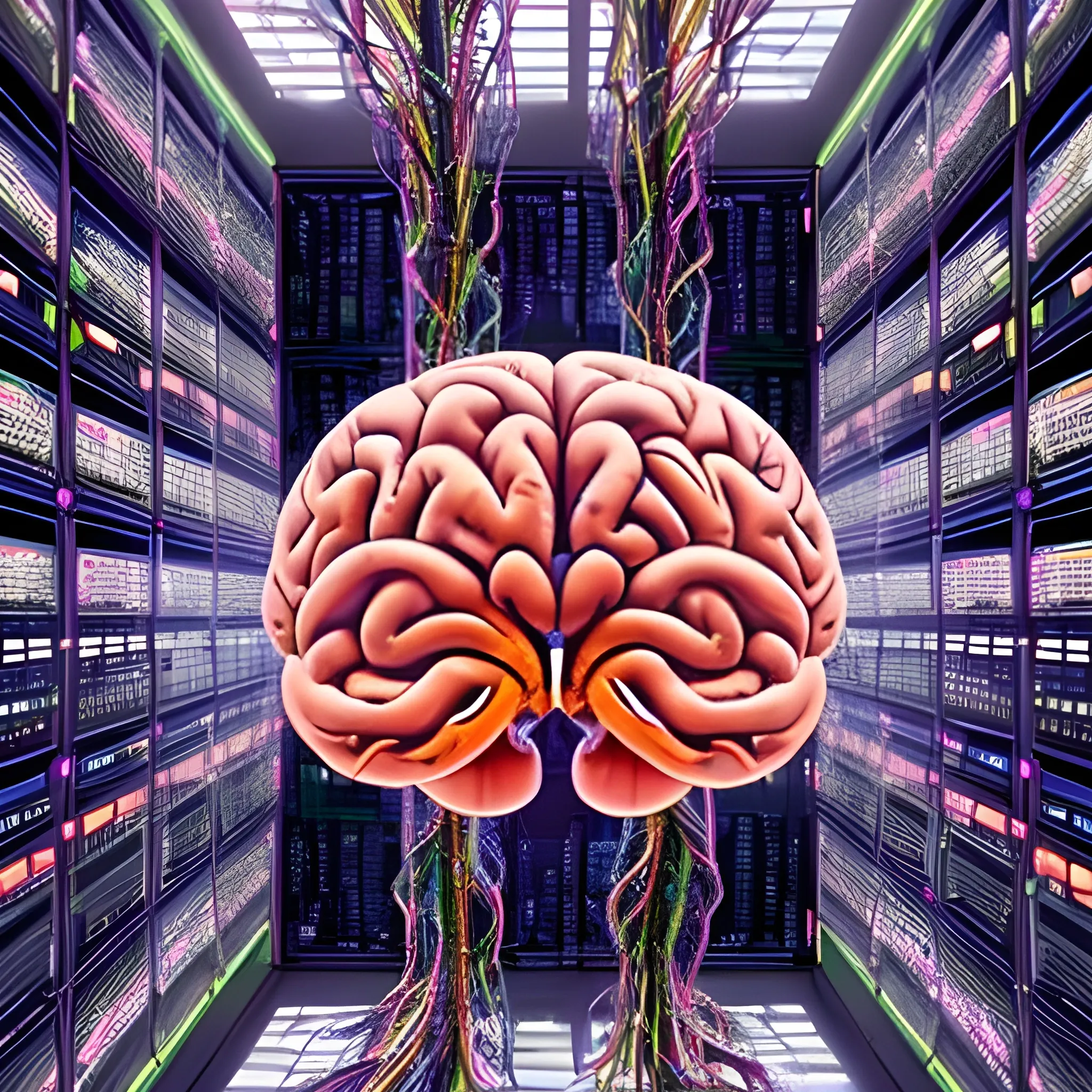 In a hug room, a giant human brain is intricately connected to advanced computers housed in the surrounding racks by millions of connectors. This extraordinary Brain possesses two eyes that fixate upon us with astonishing precision, captured in a painting with unparalleled detail and resolution at 64K, Award-winning works