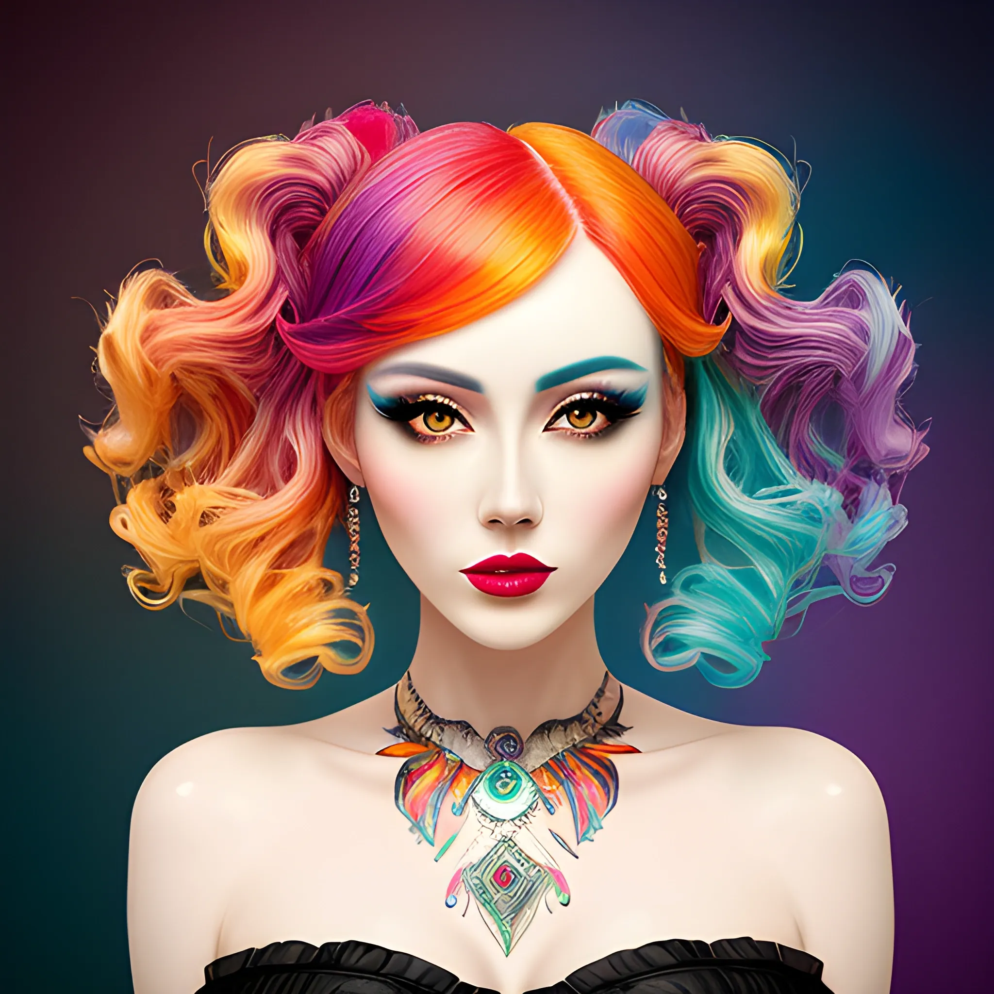 (Masterpiece Best Quality), (Extremely Complex: 1.2),, beautiful girl, big eyes, orange-red lipstick, silver-green bangs, short curly hair, wearing colorful and fashionable summer colorful pattern T-shirt half-sleeve, half-length picture, half-length photo, blue, red, yellow, pink, gradient hair, {neon pink hair, tender pink hair, tender blue hair, tender green hair, tender yellow hair,}, glowing hair, shirt, black eyes, blurred background, red lips, bangs, ((Colorful balloon background)), collarbone, colorful ink background, ((Ink splash)) (Color splash), standing picture, upper body ((Rainbow color hair)), gradient color, paint, highest quality, highest quality, masterpiece, depth of field, delicate and moist skin, cute girl, solo, wall covered with colorful paint, gradient, exquisite CG, exquisite and beautiful facial features, gorgeous highlights, crystal clear, beautiful, charming, shining, perfect, ultra-clear Chinese style