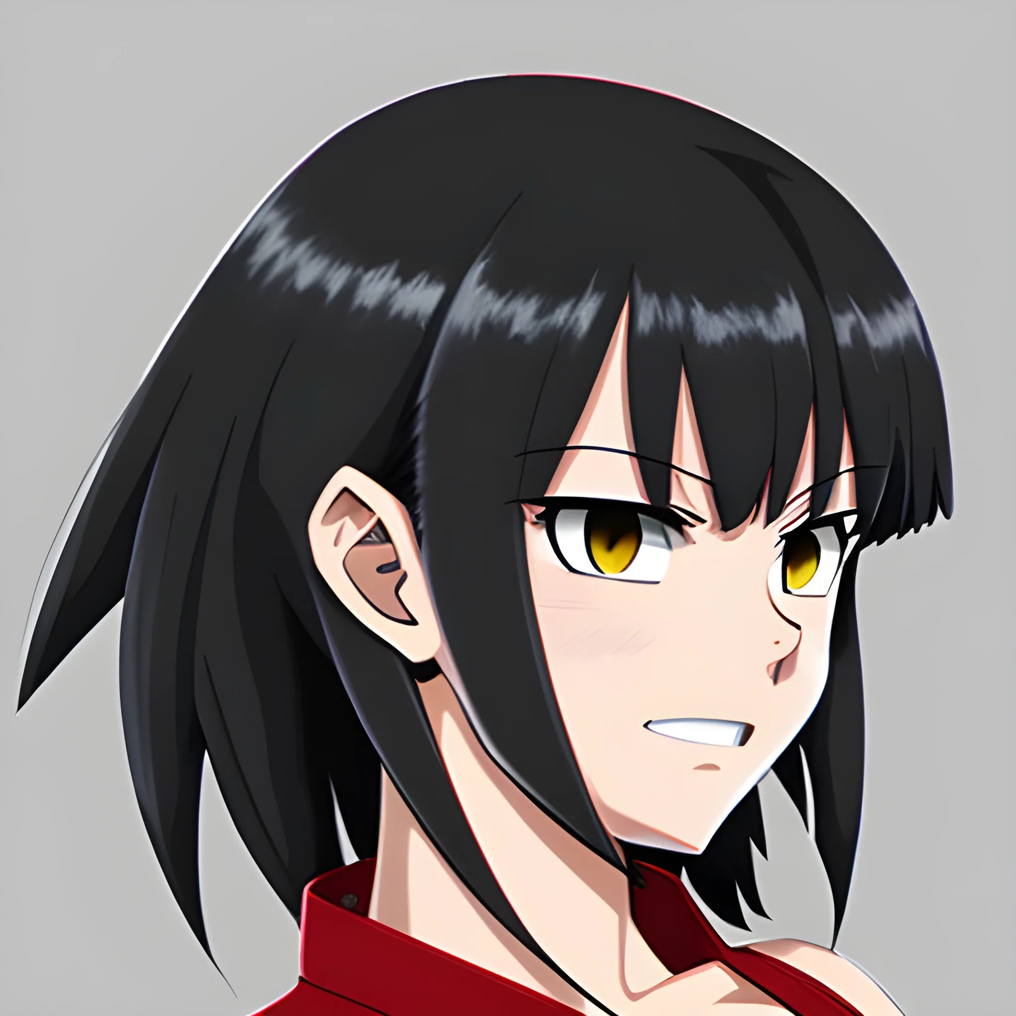 Black hair with bangs , red eyes in my hero academia style 