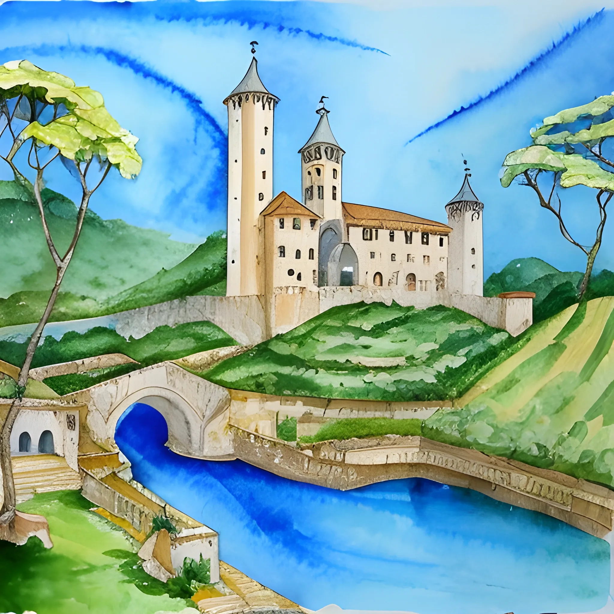 lindo vale, ensolarada, com um rio, um castelo medieval, na primavera, Water Color