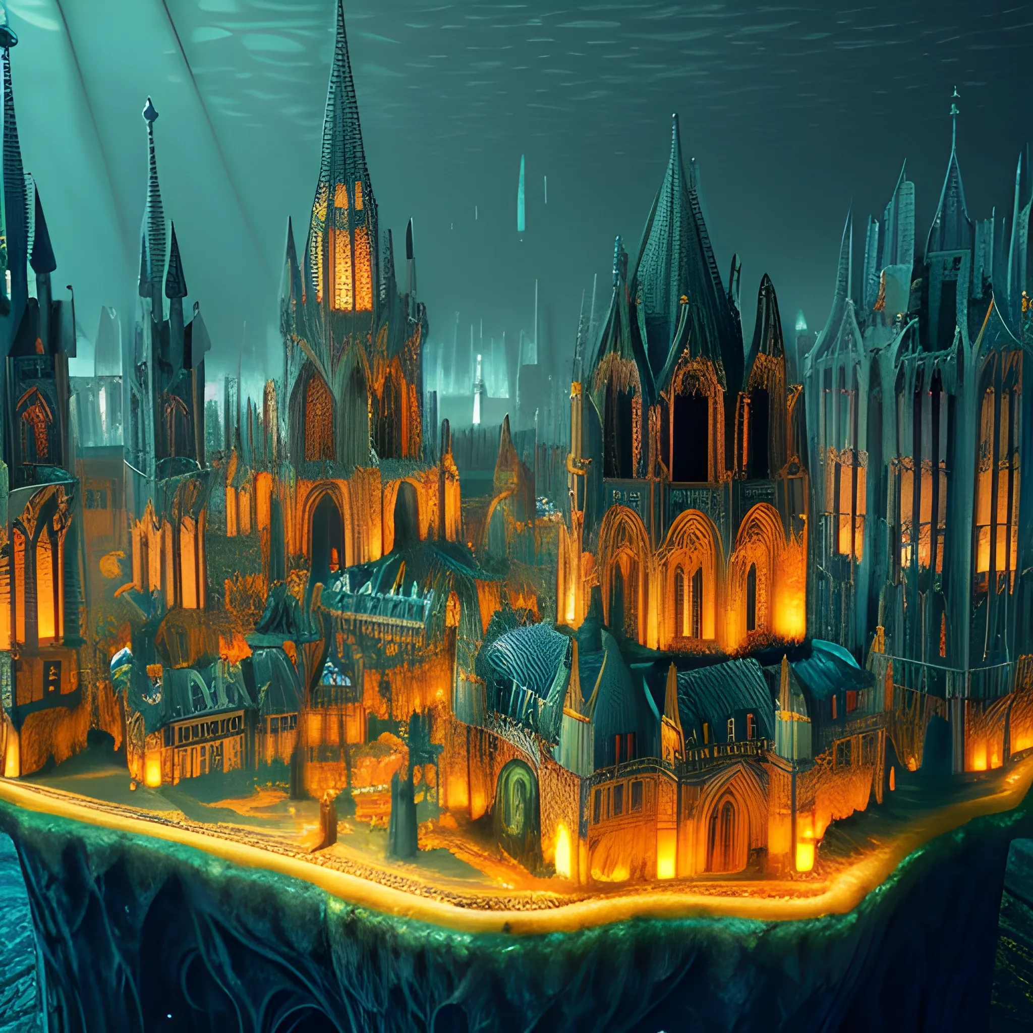 illuminated gothic city, at the bottom of the sea, with robotic water, A realistic beautiful natural landscape, 4k resolution, hyper detailed