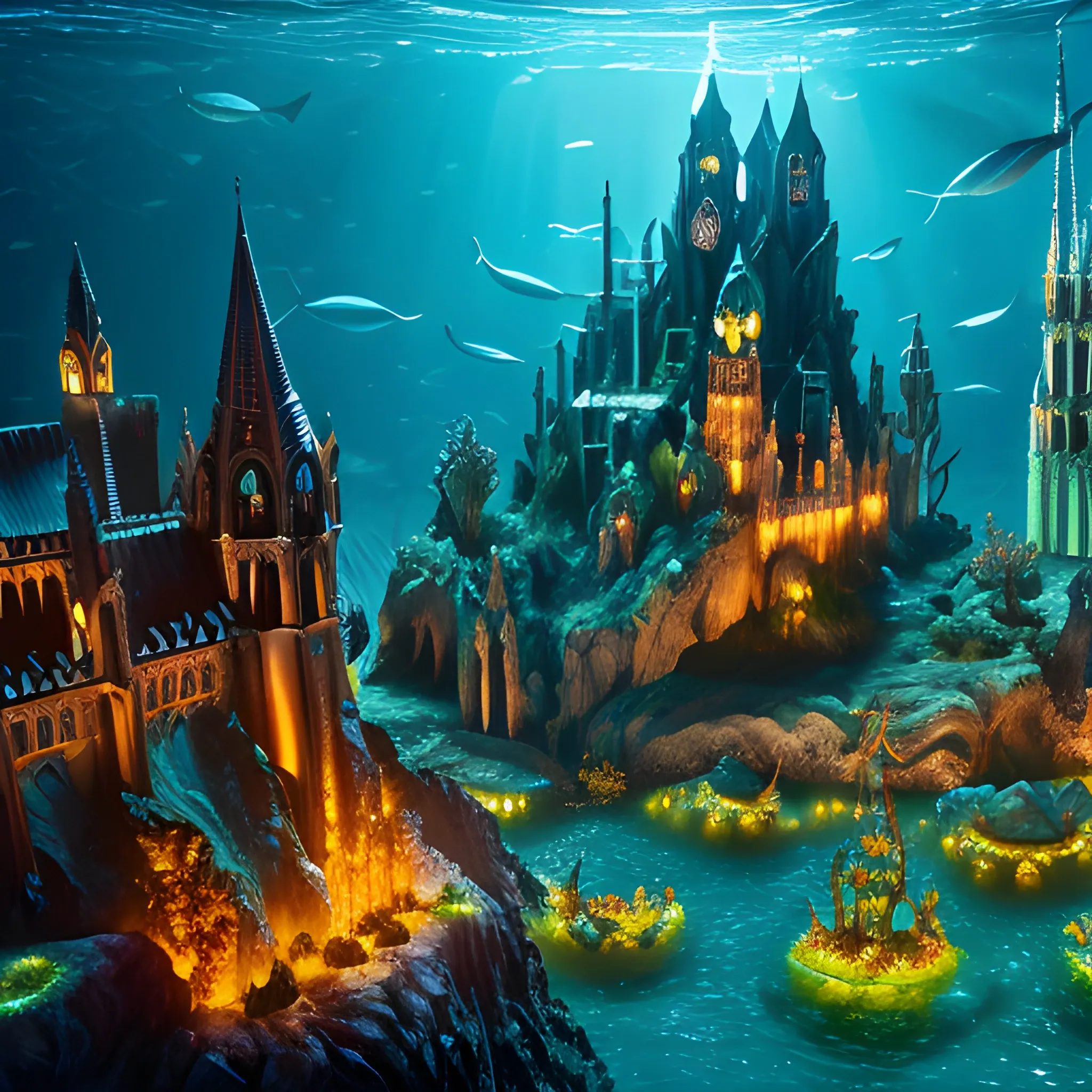 illuminated gothic city, under the sea, in the foreground Robotic Aquaman, A realistic beautiful natural landscape, 4k resolution, hyper detailed