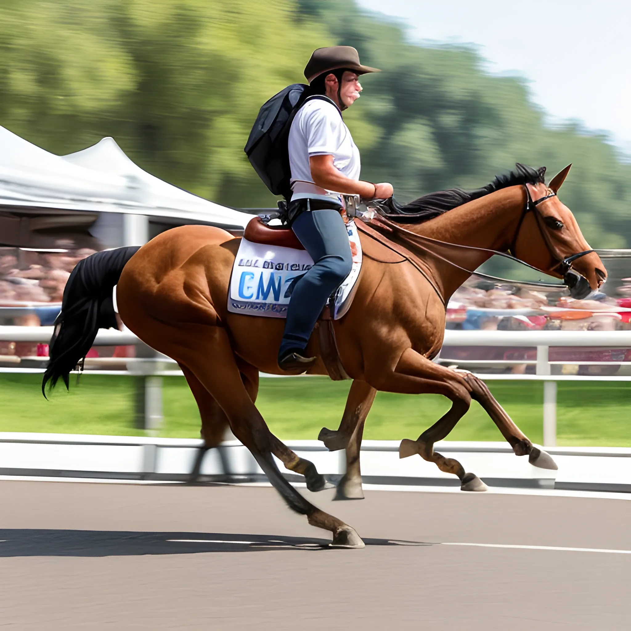 Un caballo participando en una carrera con un jinete montado. La imagen debe ser extremadamente realista, mostrando al caballo en pleno movimiento y en el momento más emocionante de la carrera. Debe incluir detalles como el polvo levantándose, los músculos del caballo tensados y el jinete en postura de carrera. Capturar la velocidad y la energía del evento. Fondo dinámico y borroso para resaltar el movimiento.