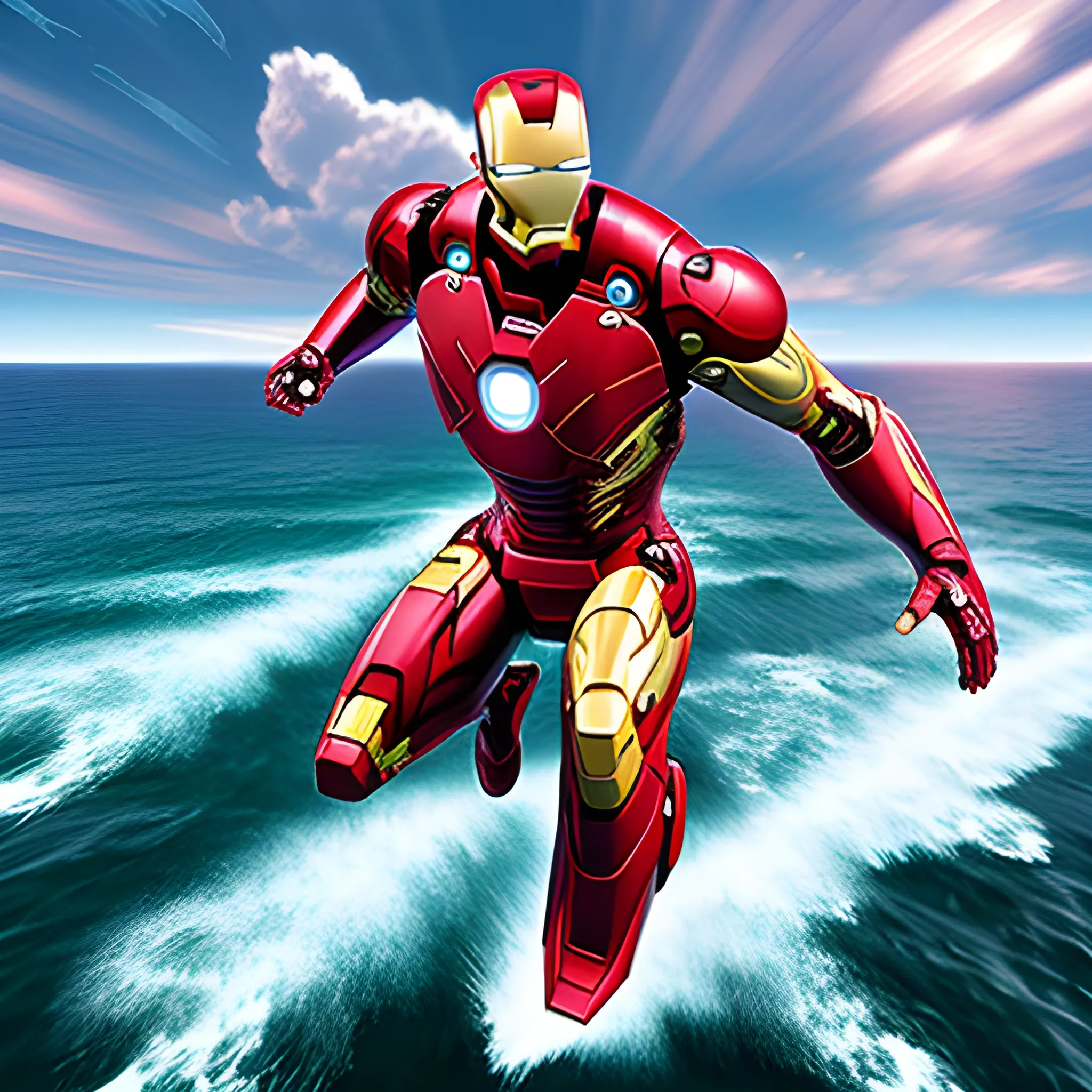 iron man flying over the sea, 3D, Cartoon, Trippy