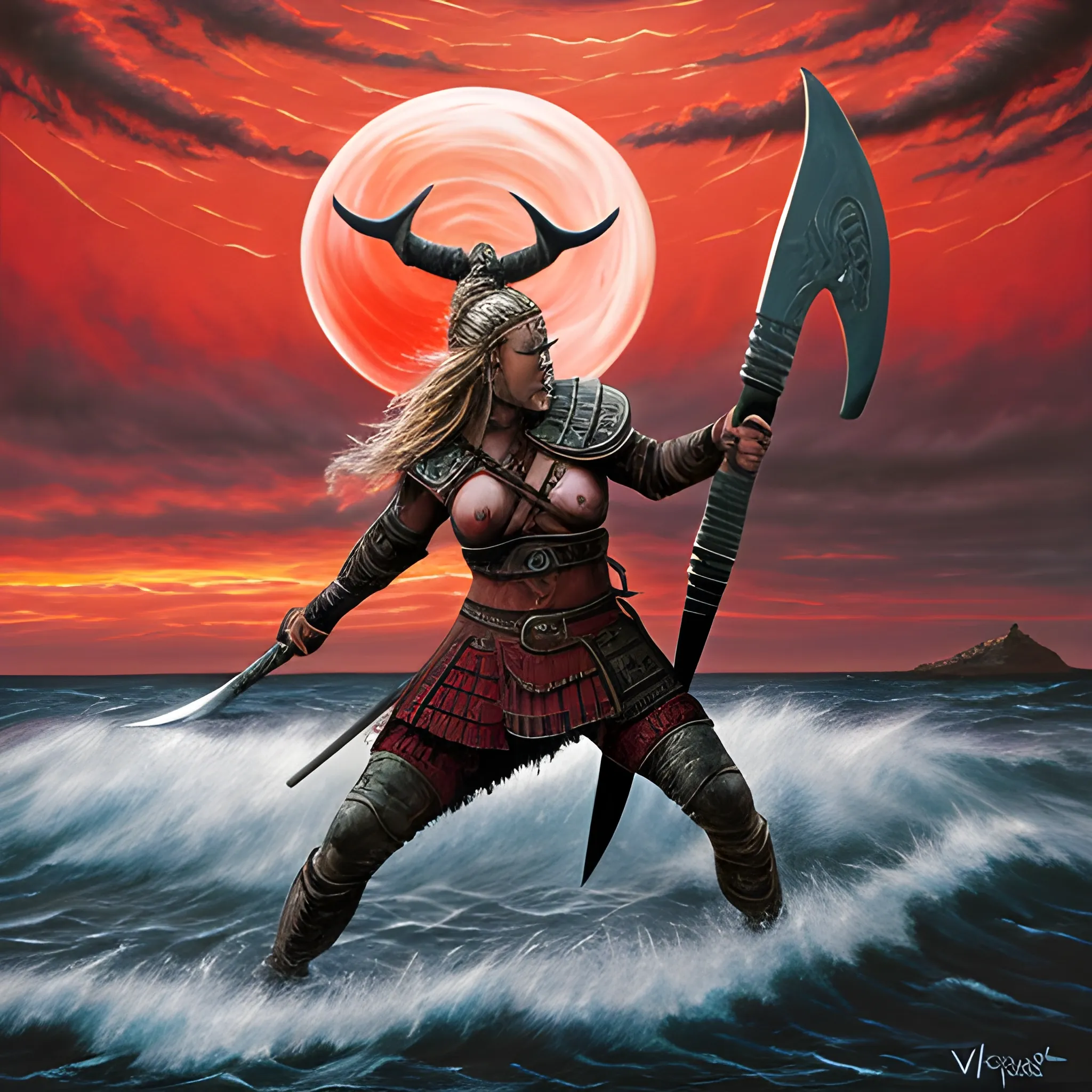 Viking warrior woman with axe, she is in the middle of a great battle, sunset red clouds, huge full moon, blood, bodies on the ground, she is in a fighting position, beautiful warrior, sea waves,, Oil Painting